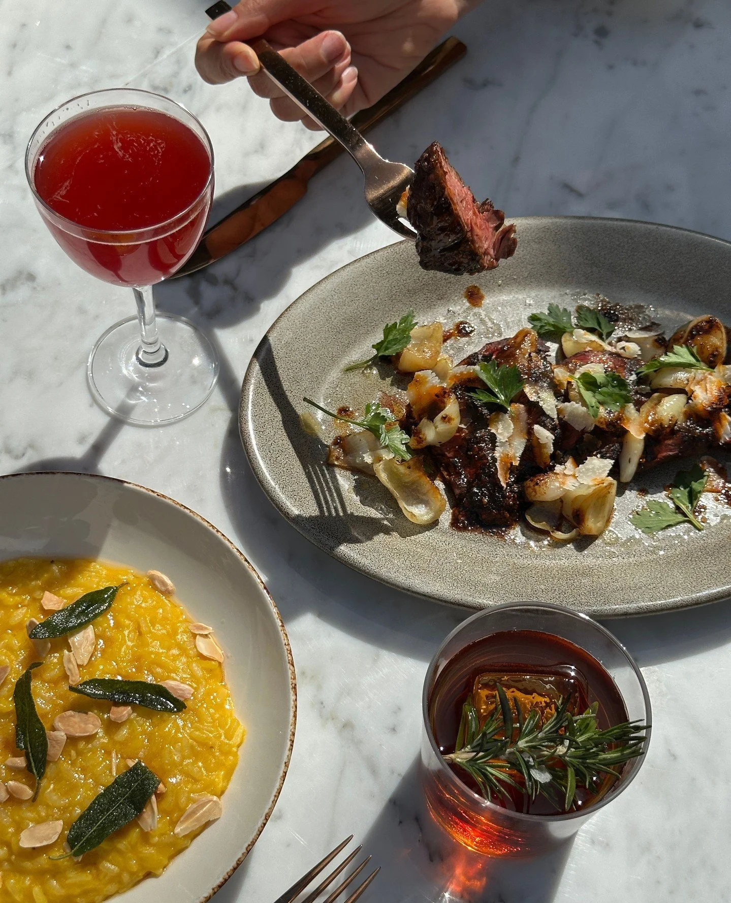 Something cozy and hearty to order for dinner this week! Link in bio to reserve your table.⁠
⁠
😋 Squash Risotto: almonds, sage, brown butter⁠
🍽️ Hanger Steak: caramelized cipollinis, almond salsa⁠ stregata, shaved parmesan