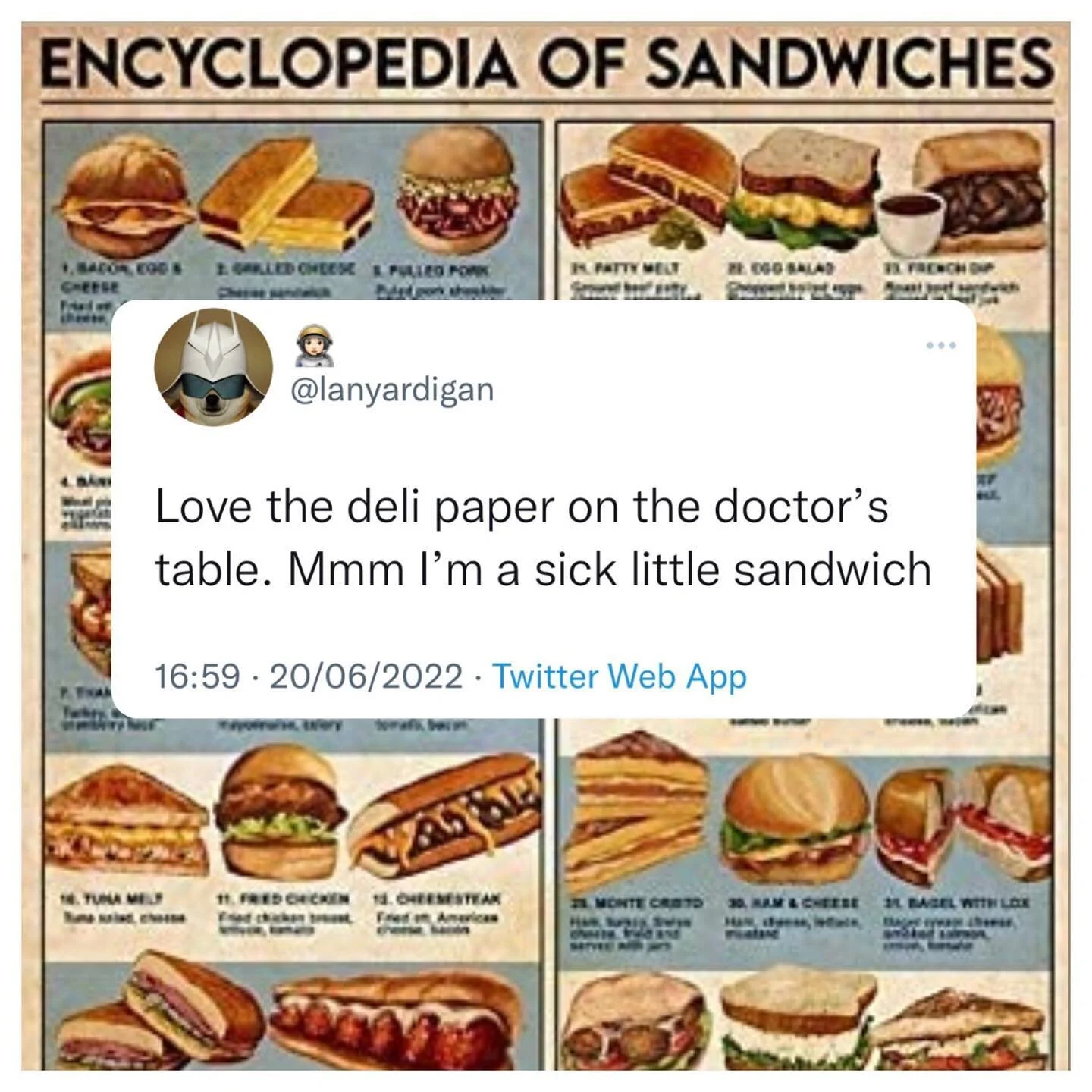 A screenshot of a tweet by @/lanyardigan that says &ldquo;Love the deli paper on the doctor's table. Mmm I'm a sick little sandwich&rdquo;

Mary has added a background which is a vintage poster titled &ldquo;Encyclopedia of sandwiches&ldquo; the post