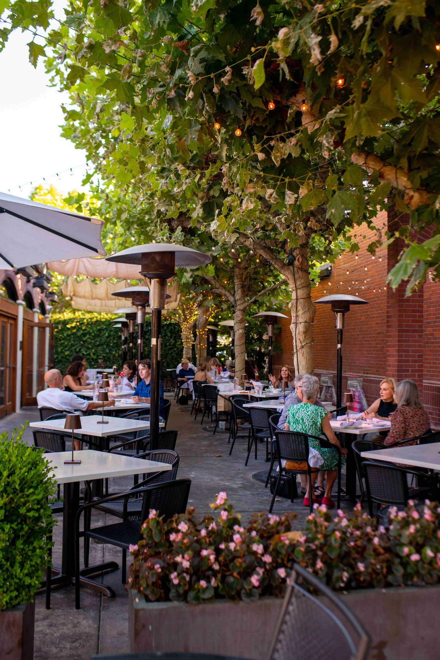Guests dining in the Piatti Sacramento courtyard at Pavilions