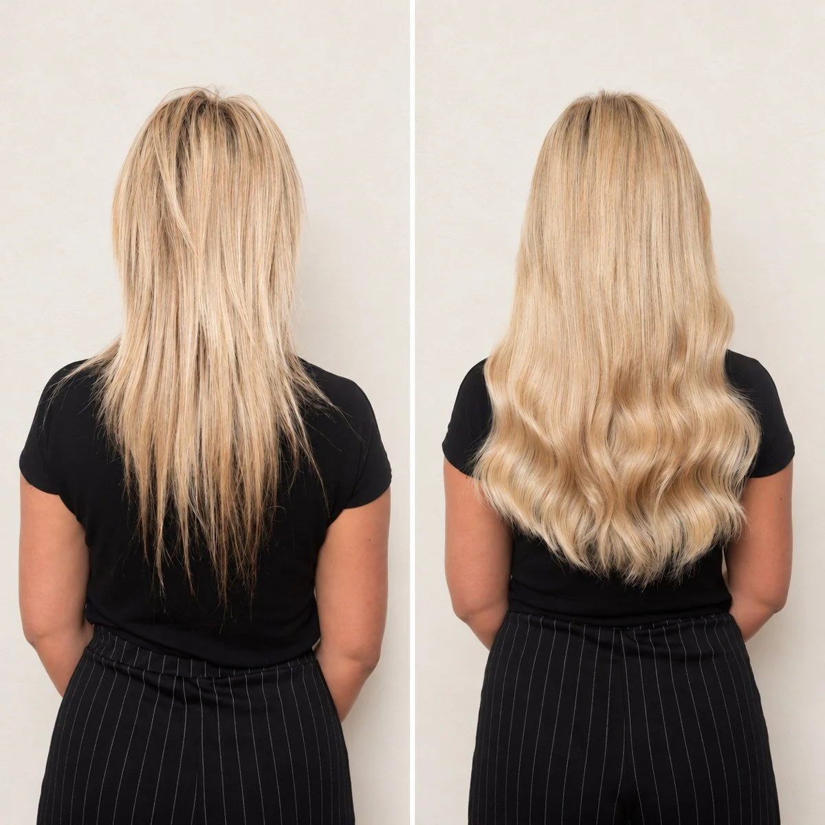 Blonde hair extensions before and after: rear view showing fine straight ends and fuller styled waves.