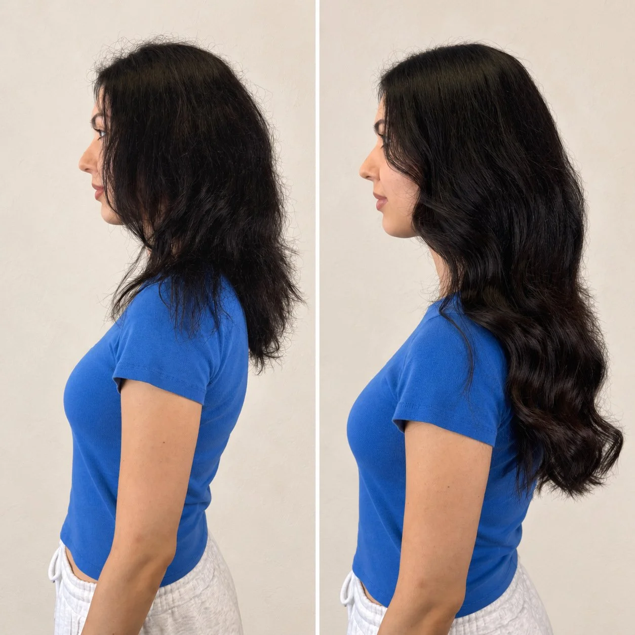 Before and after dark hair extensions: side-profile comparison of a client in a blue top, with longer waves after at Taylor Rose Hair, London.