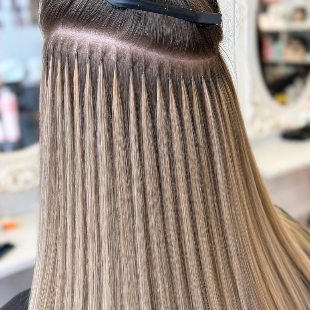 Neatly applied keratin bond hair extensions on highlighted blonde hair at Taylor Rose Hair salon.