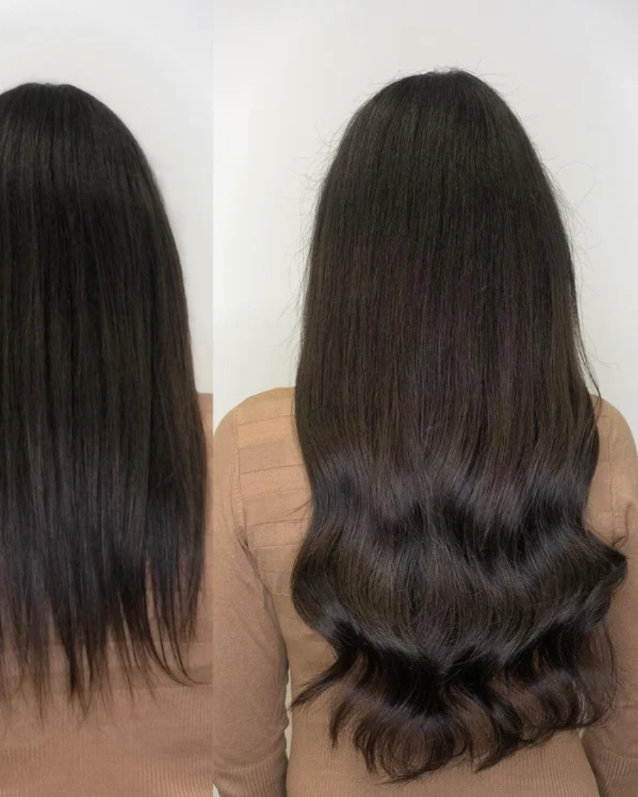 Dark hair extension transformation with fuller, softer ends.