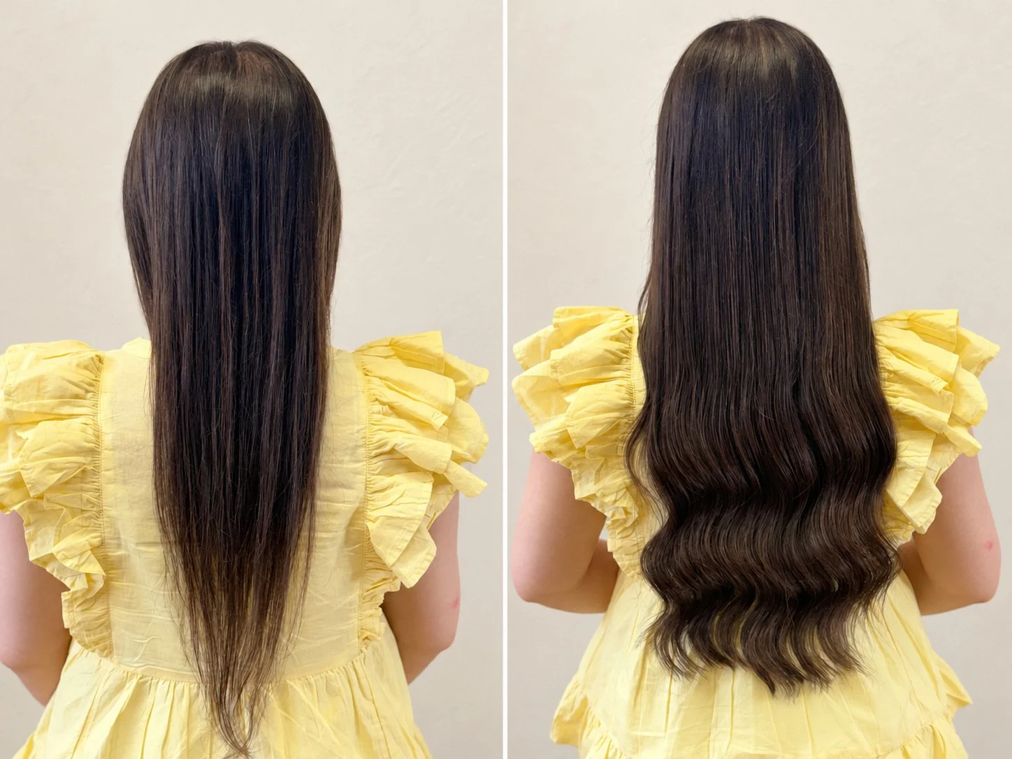 Before and after brunette hair extensions: client in a yellow top, with straight hair before and fuller waves after at Taylor Rose Hair, London.