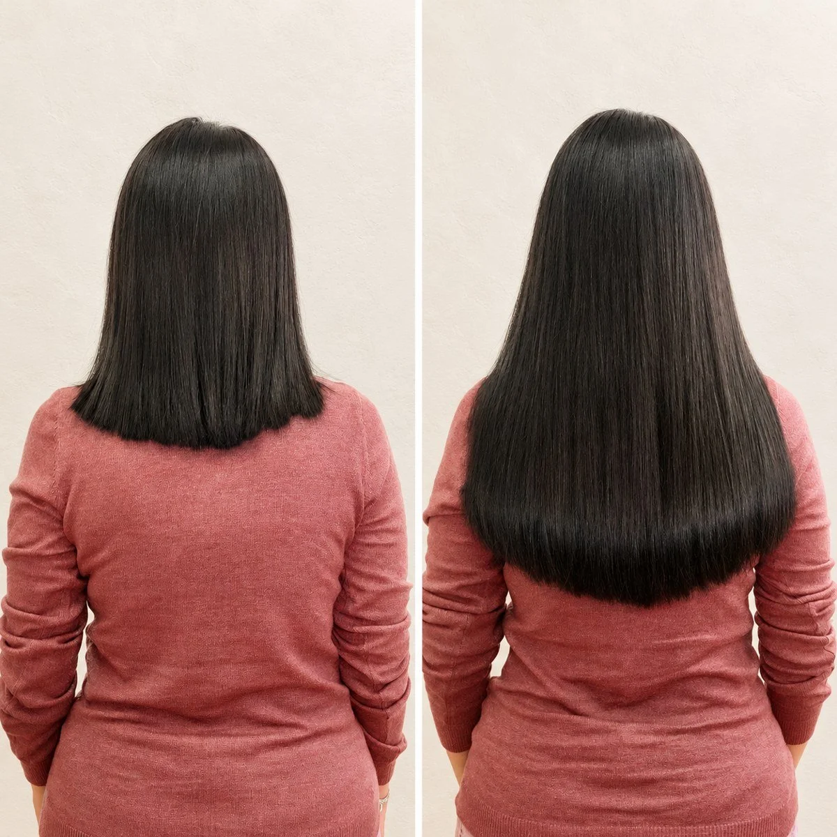 Straight dark hair extensions before and after: shoulder-length hair and longer lengths, rear view with a pink top.