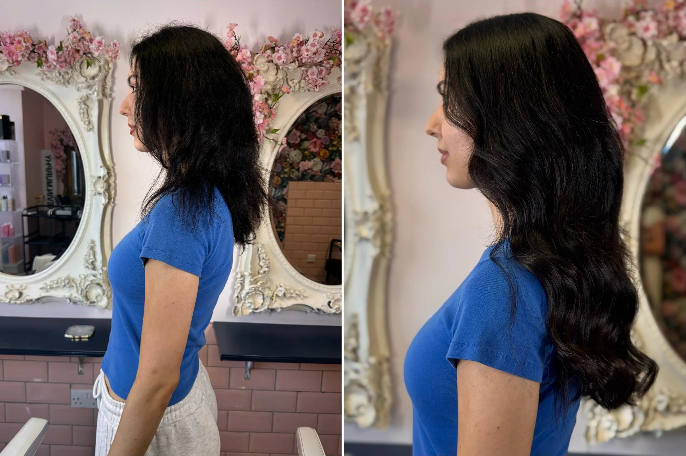 Before and after hair extensions at Taylor Rose Hair in London: client’s original dark hair on the left and longer hair styled in soft waves on the right.