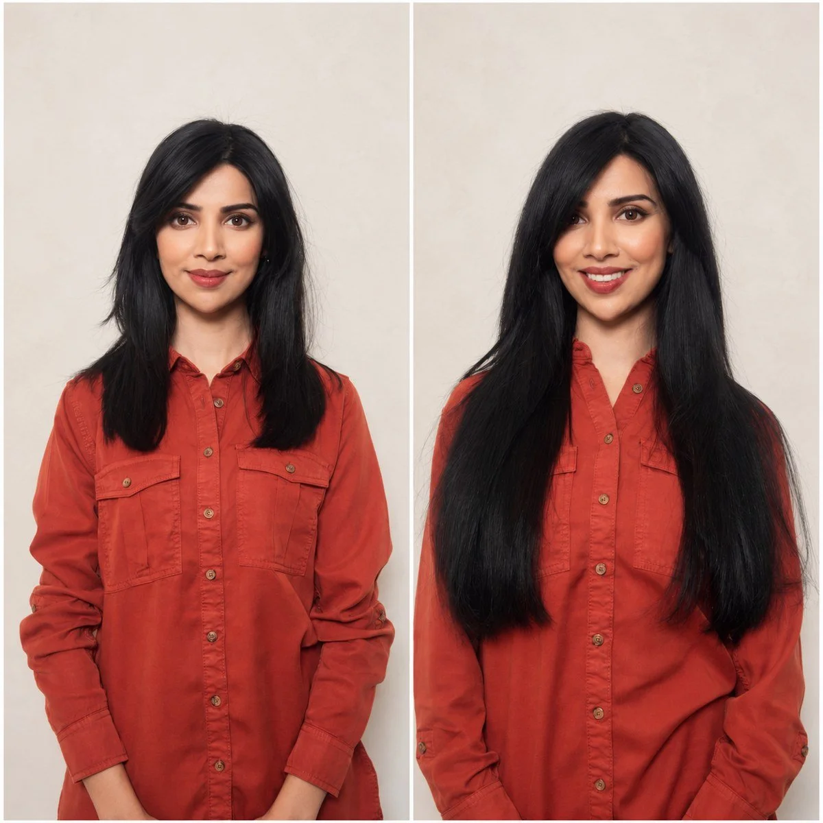 Dark hair extensions before and after: shoulder-length hair and longer straight lengths, front view with a red shirt.