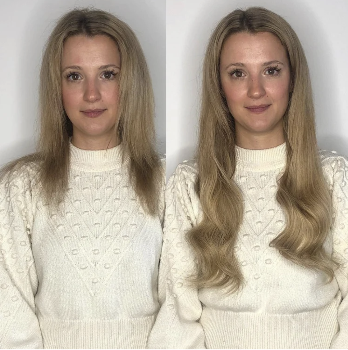 Blonde before and after transformation with added length and fullness.
