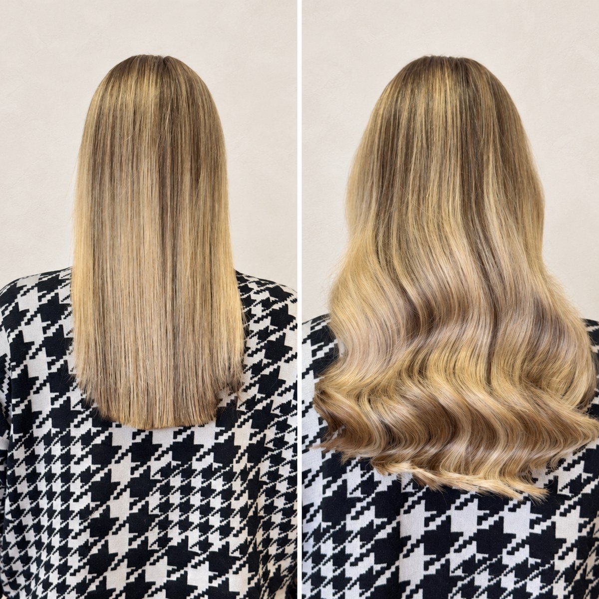 Blonde hair extensions before and after: straight hair and fuller waves, rear view with a black-and-white patterned top.
