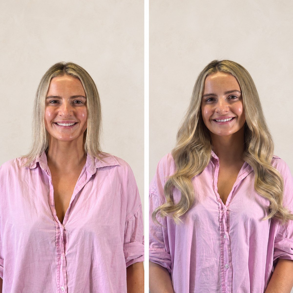 Blonde hair extensions before and after: shoulder-length straight hair and longer waves, front view with a pink shirt.