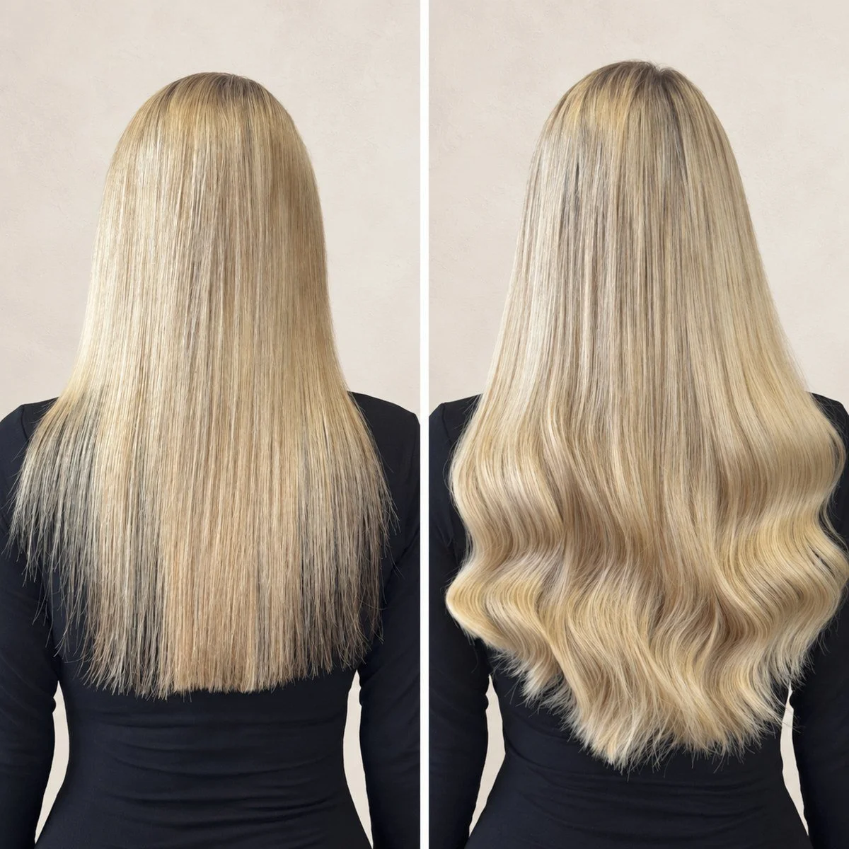 Blonde hair extensions before and after: straight fine ends and longer waves, rear view with a black top.