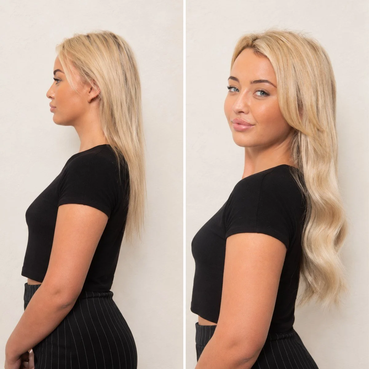 Blonde hair extensions before and after: side-profile comparison with straight finer hair and longer soft waves.