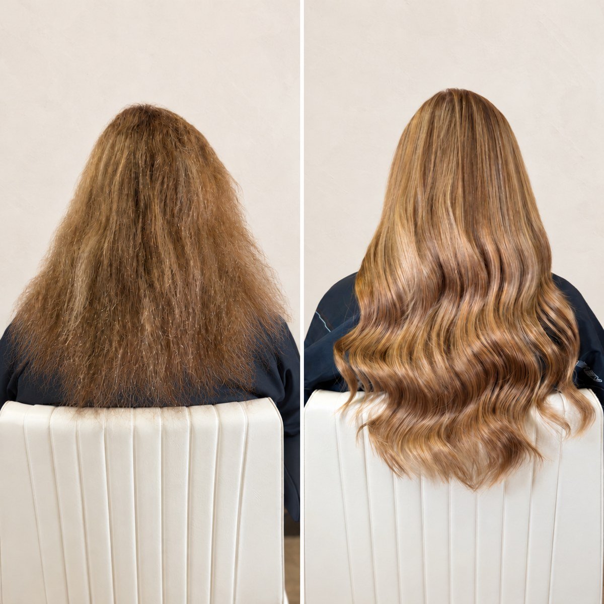 Champagne brunette hair extensions before and after: naturally textured hair and longer styled waves, rear view with black salon gowns.