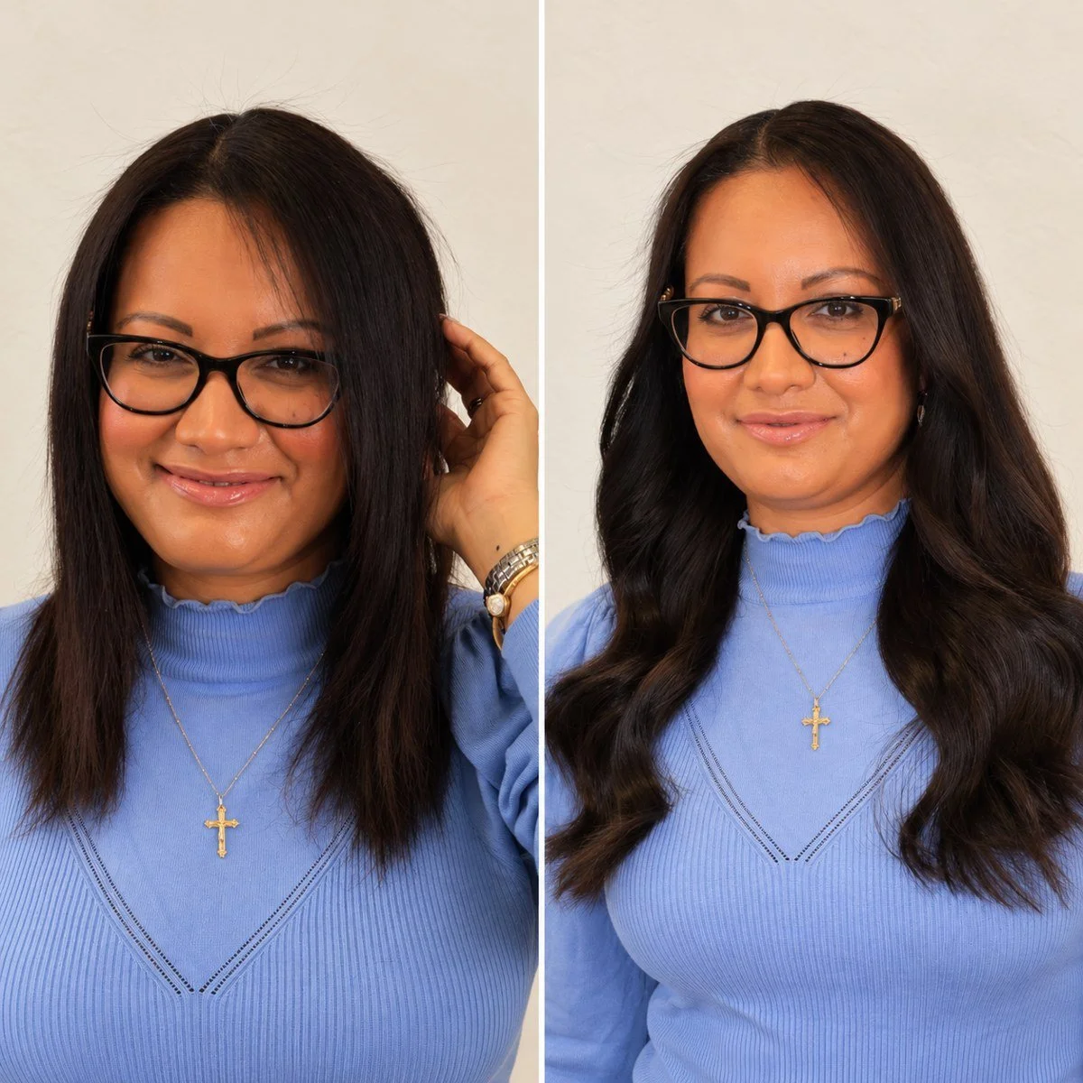 Brunette hair extensions before and after: straight shoulder-length hair and longer waves, front view with glasses and a blue top.