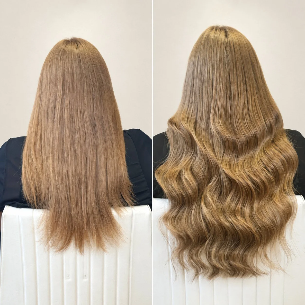 Before and after golden hair extensions: straight hair before and longer waves after at Taylor Rose Hair, London.