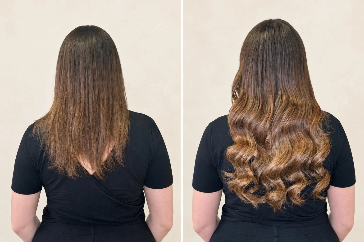 Before and after hair extensions: brunette hair with lighter ends, shown straight before and in fuller waves after at Taylor Rose Hair, London.