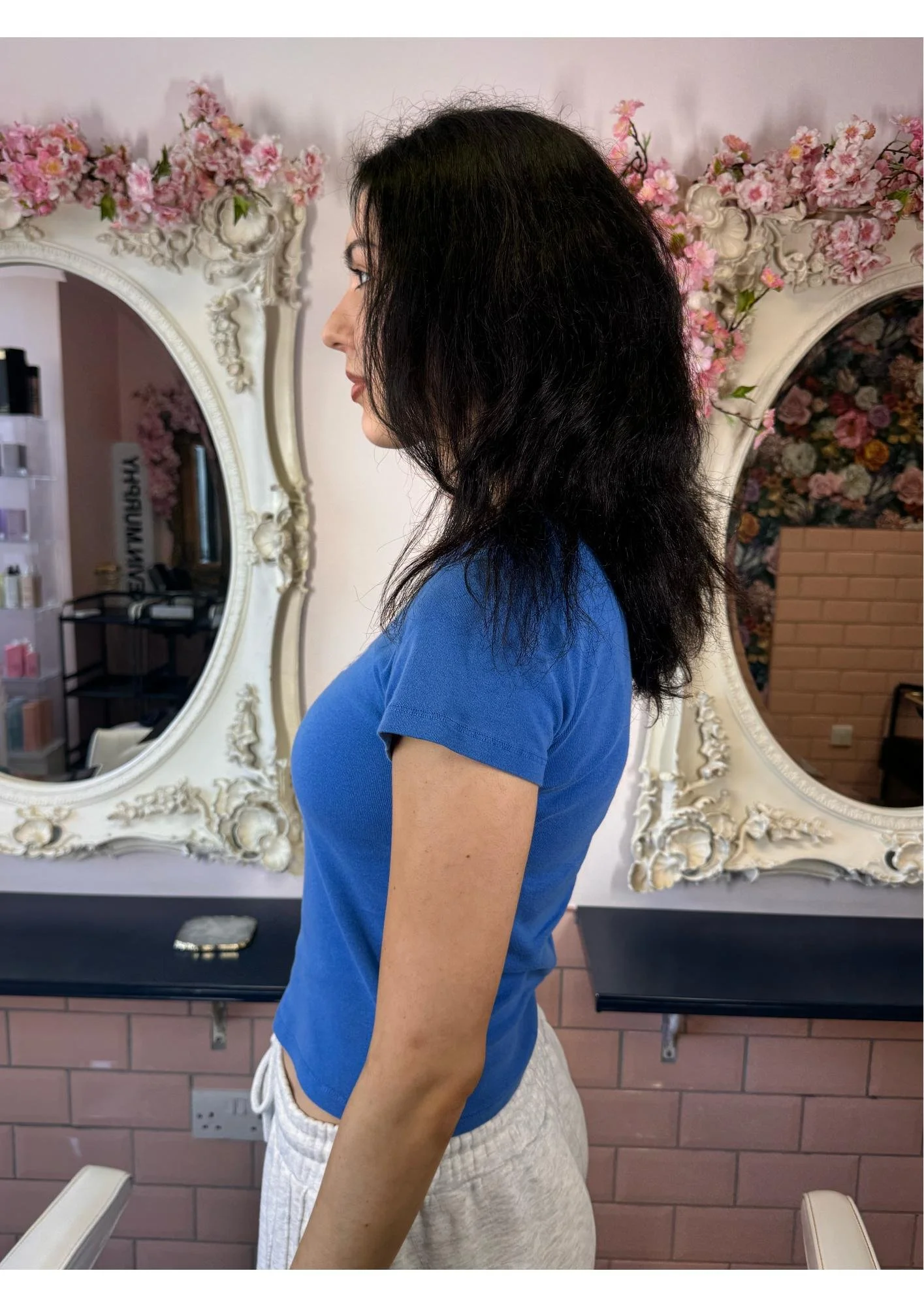 Before: client’s dark hair before her hair extension appointment at Taylor Rose Hair in London.