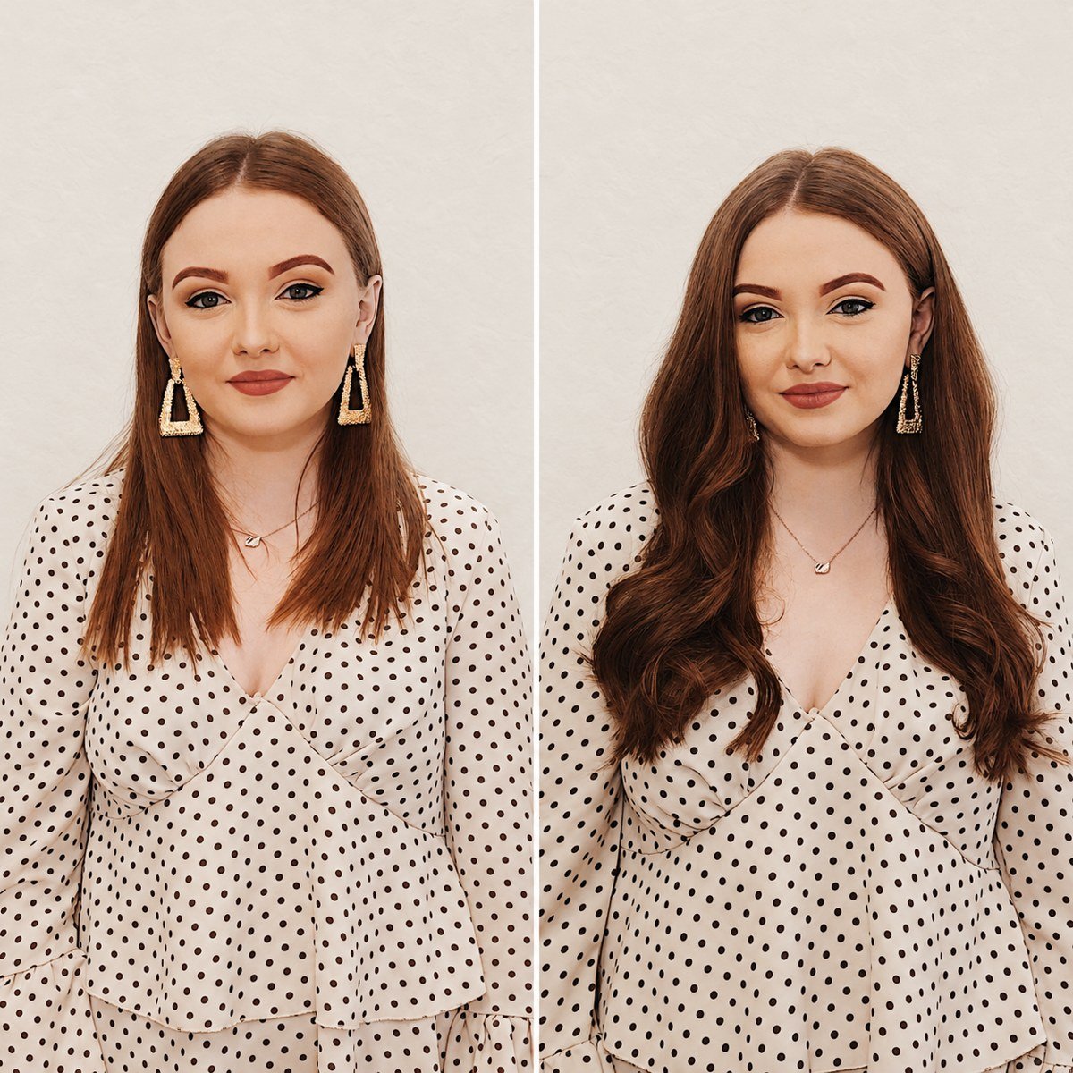 Auburn hair extensions before and after: front view with straight hair and longer waves, wearing a polka-dot blouse.
