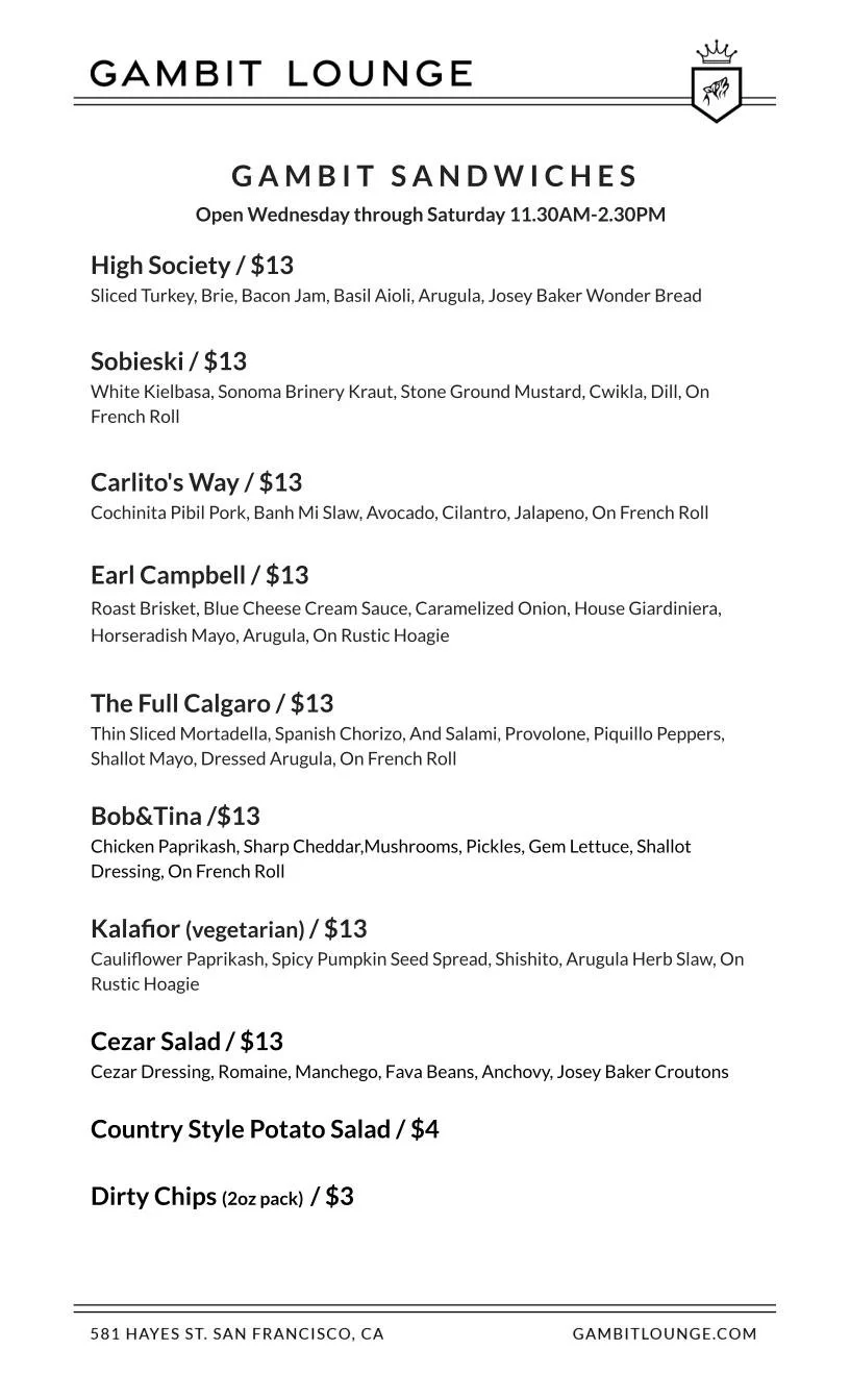 Menu 1 GAMBIT LOUNGE Menu 1 gambit lounge