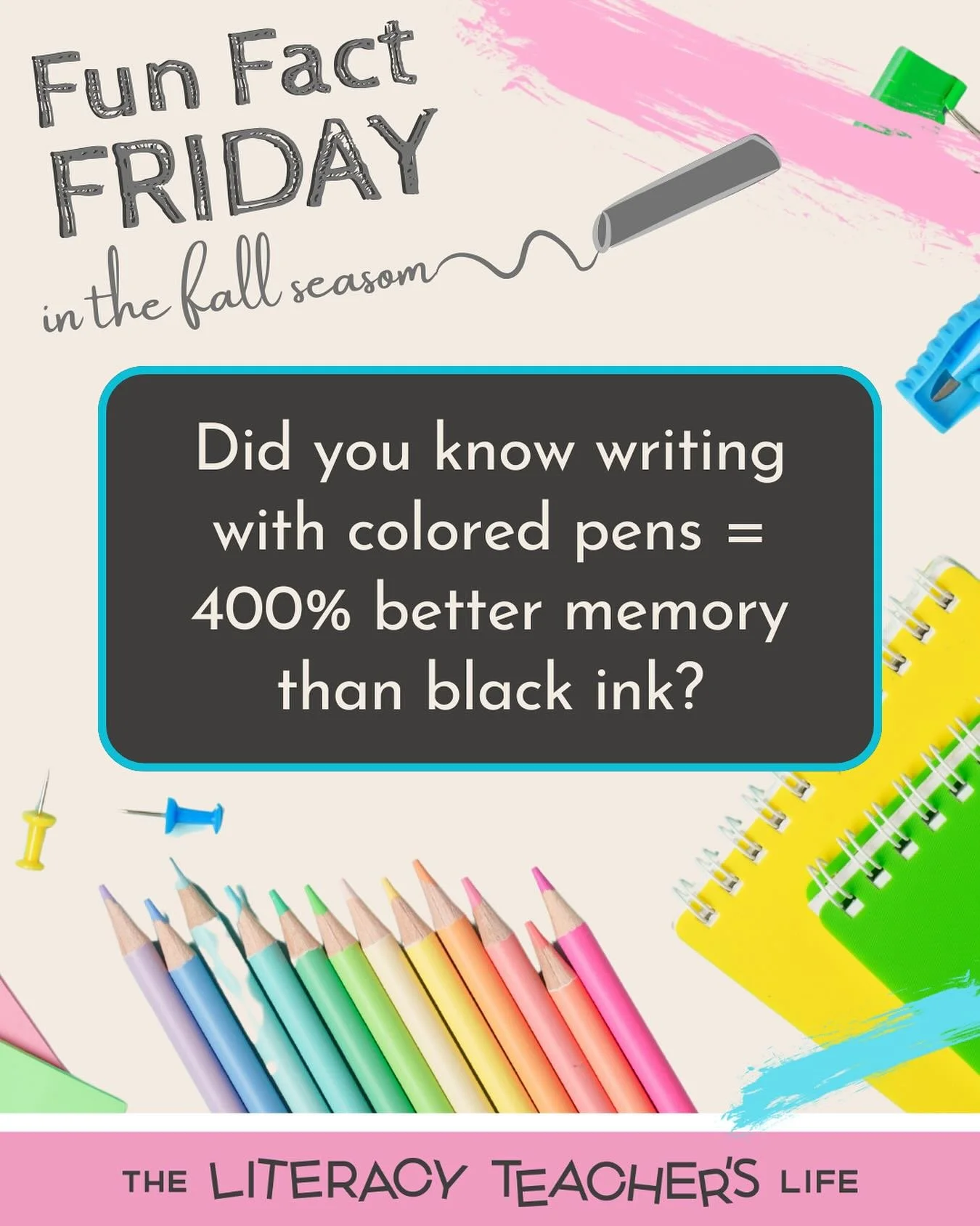 🌞 Fun Fact Friday: FALL EDITION&mdash;Fact 13! 📚

Did you know that kids who write with colored pens remember information 400% BETTER than kids who use regular black ink?

Each color creates a unique &ldquo;memory fingerprint&rdquo; in the brain - 