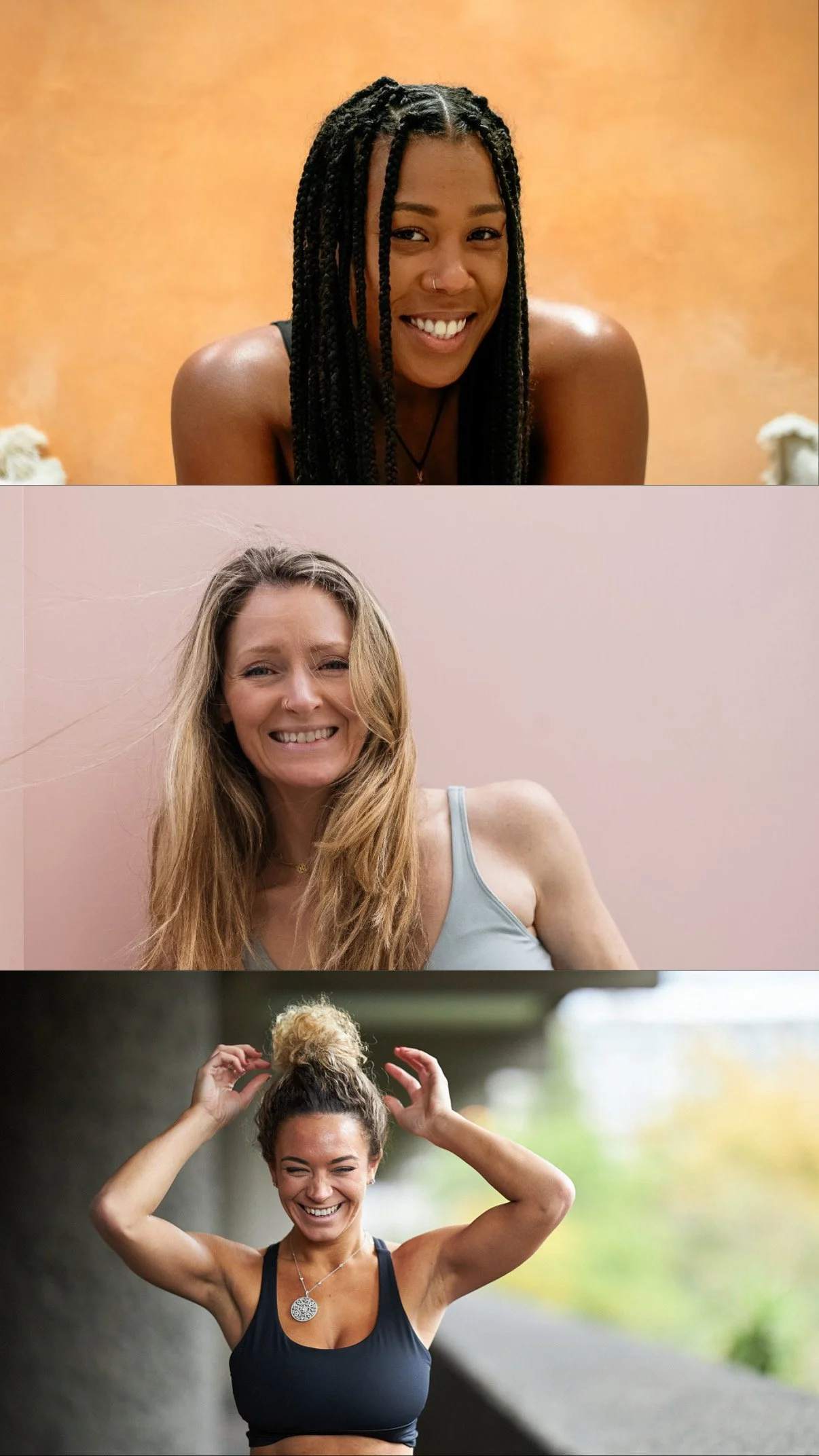 Three women smiling in different settings: the first woman has long braided hair and dark skin, the second woman has long wavy blonde hair and light skin, and the third woman has dark hair pulled up and medium skin in an outdoor setting.