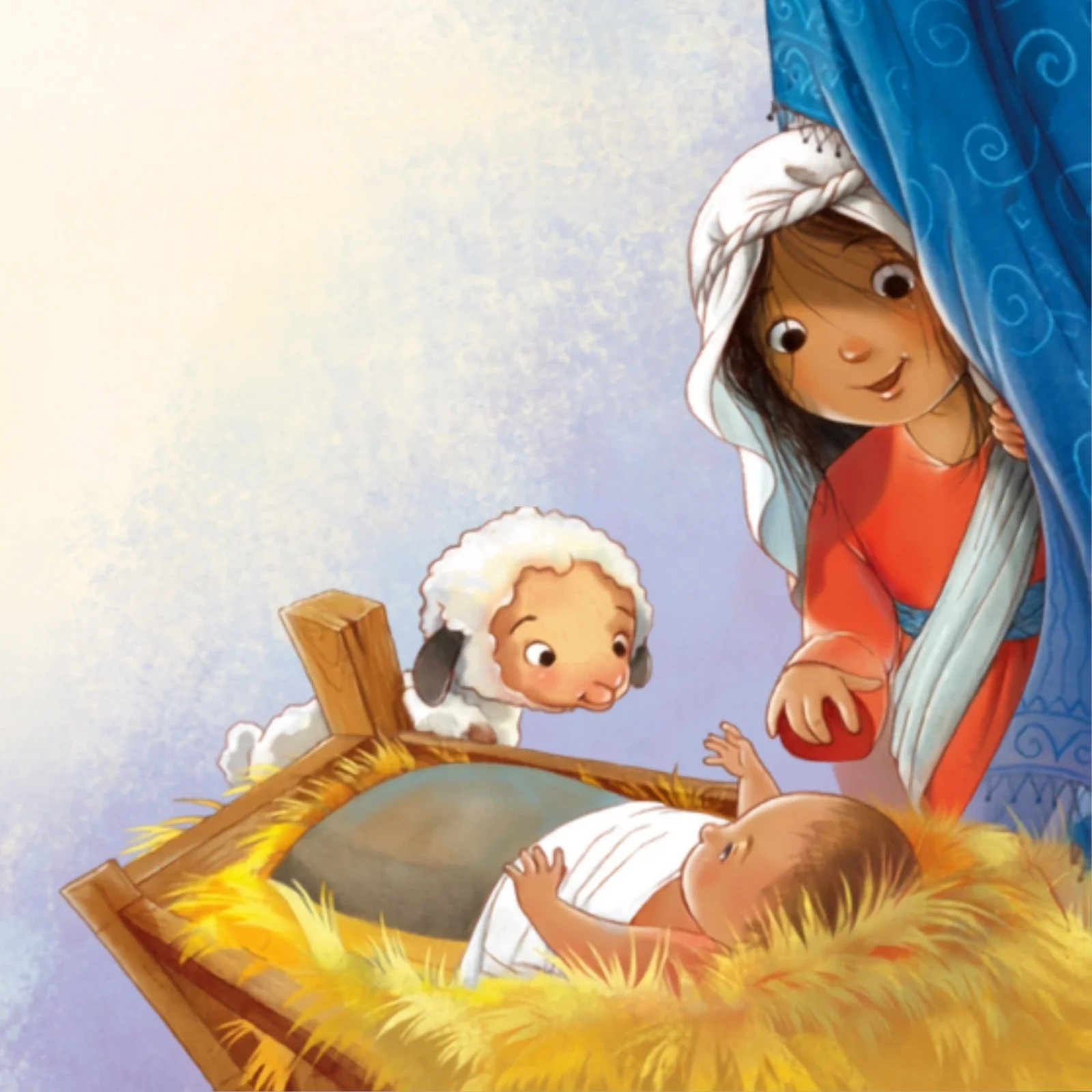 Little girl and her lamb peeking into the manger holding Baby Jesus
