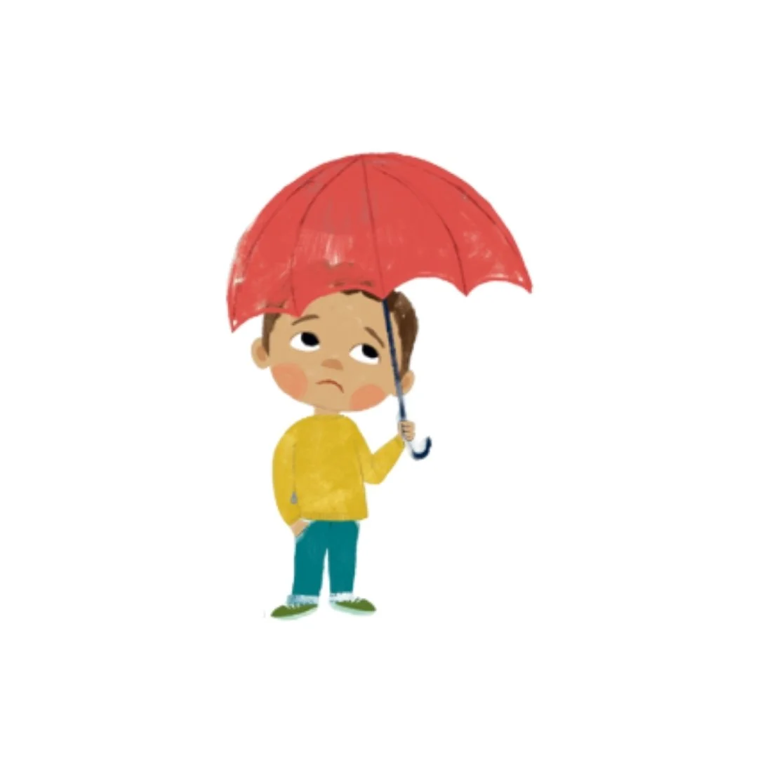 illustration of a little brown-skinned boy holding a red umbrella and looking very sad