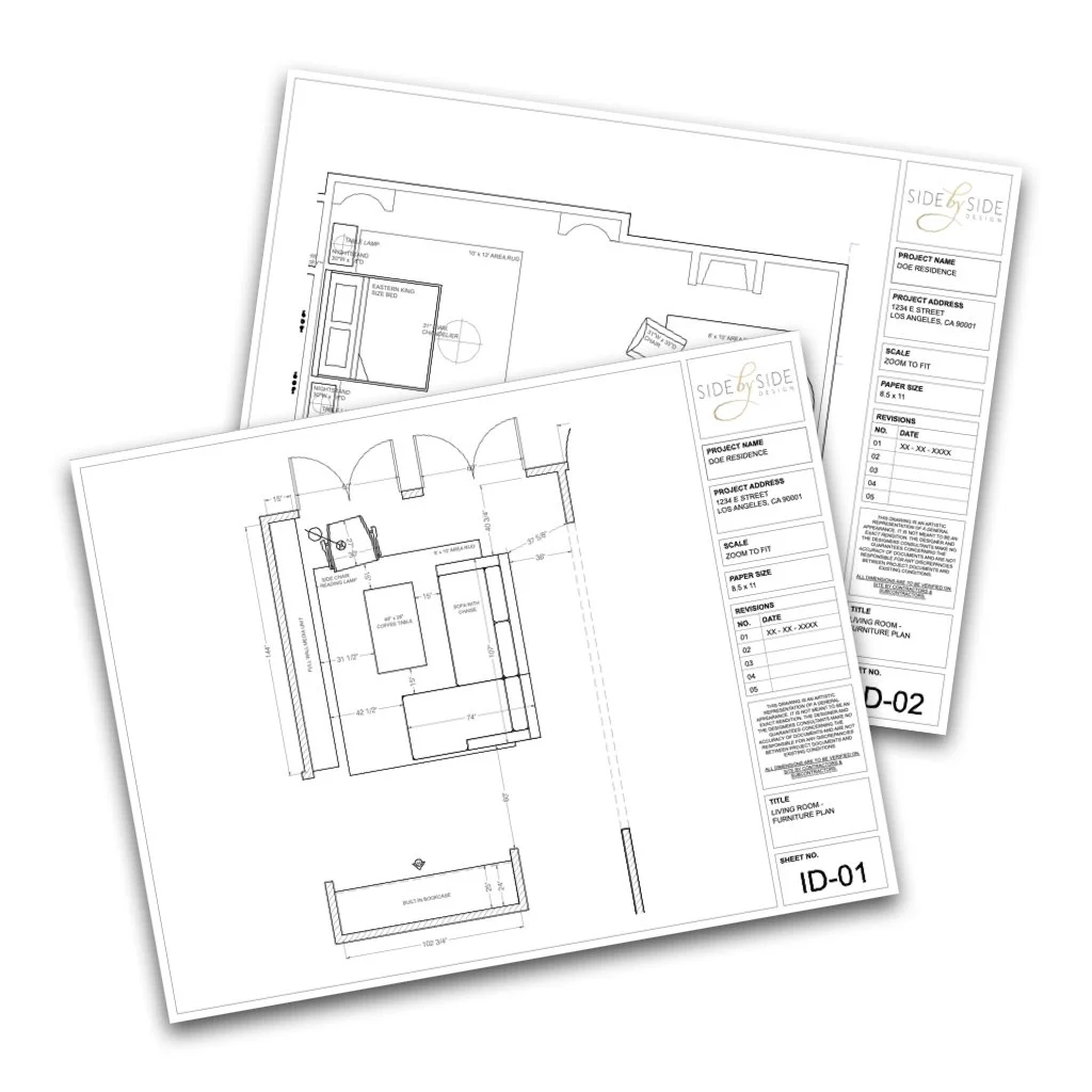 Architectural floor plans with measurements and design details for a residence, labeled with the project name "Doe Residence."