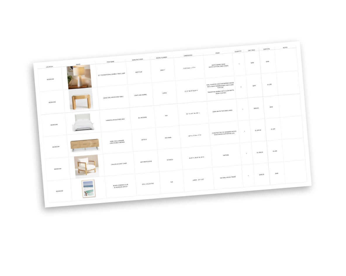 A tilted image of a furniture inventory spreadsheet with photos, descriptions, and details like item name, manufacturer, model number, dimensions, and pricing. Items include a table lamp, side table, bed, dresser, and chair.