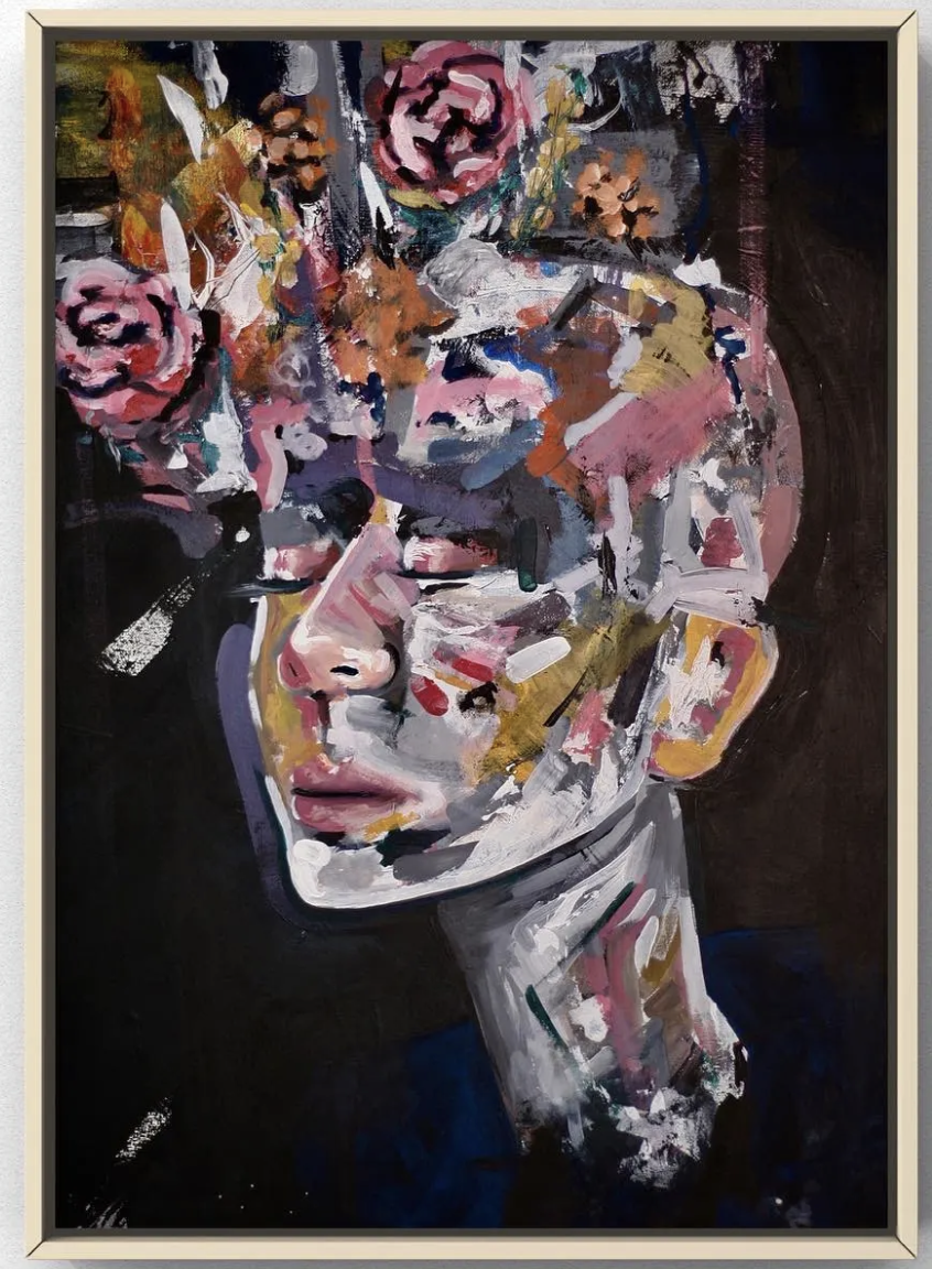 I love the texture and the rebellious strokes; the feminine lines pressing against a dark, grounded background.