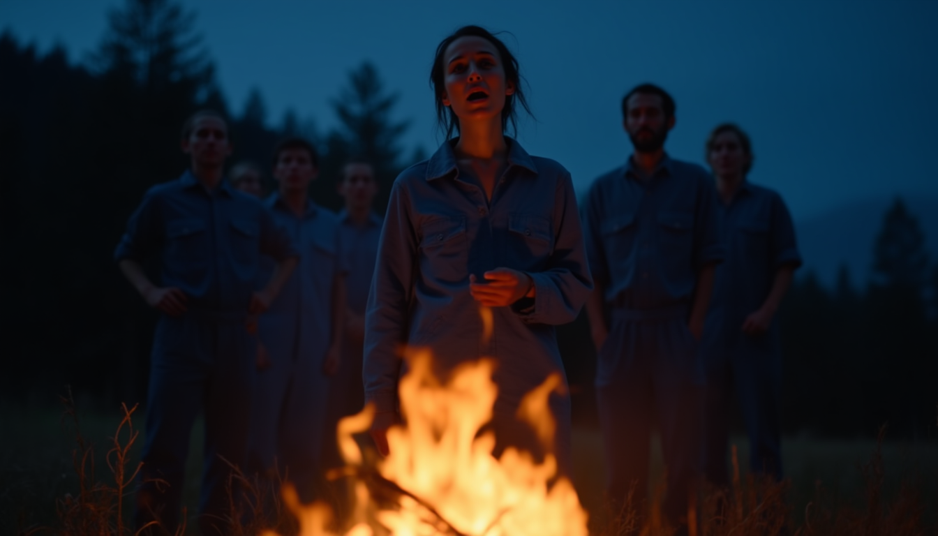 A clear twilight outdoor scene with a forest-lined horizon. The camera frames a low, slightly tilted angle. In the lower-left foreground, a large campfire burns brightly—glowing warm, vivid, and in sharp focus. The entire image compositio.png