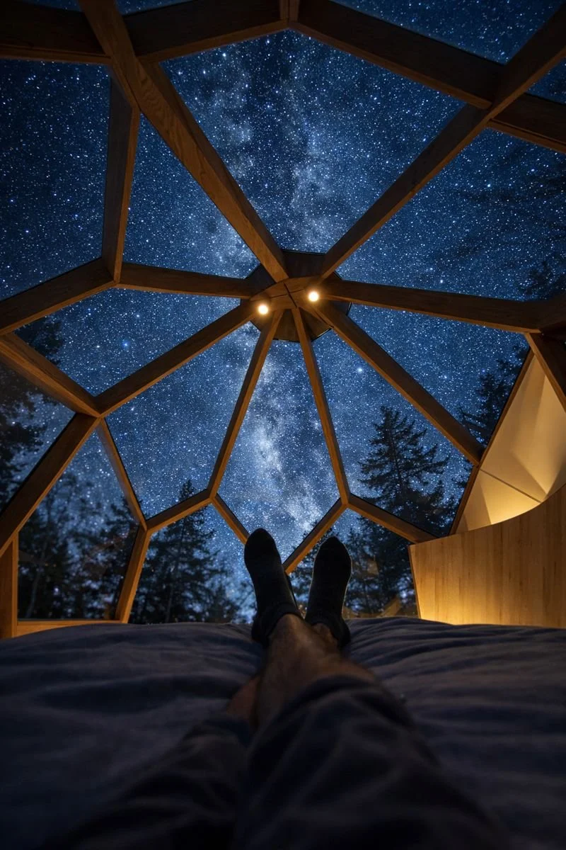 View of a starry night sky through a geodesic dome with wooden beams, with a person lying inside looking up, showing their legs and feet in the foreground.