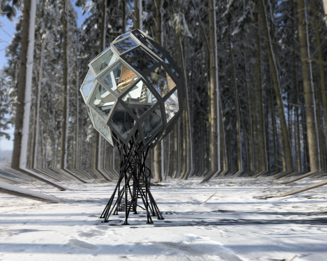 A modern, spherical glass house elevated on a black steel structure in a snowy forest with tall, leafless trees.
