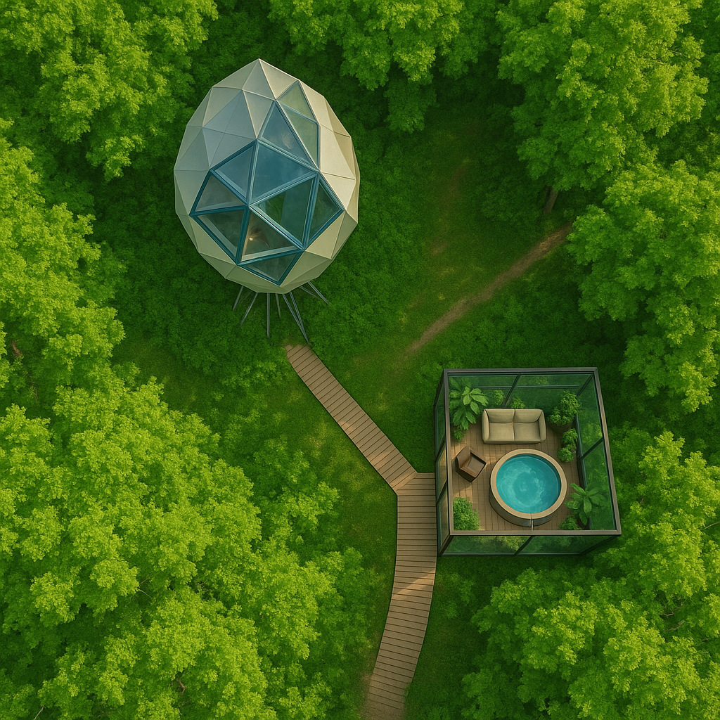 glass treehouse in forest with hot tub greenhouse