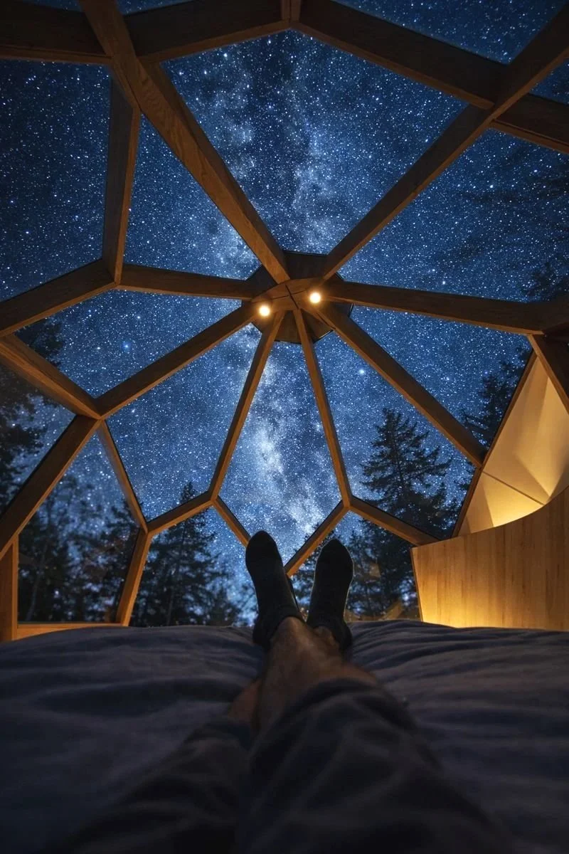 Person lying on a bed inside a wooden structure with a geodesic dome roof, looking up at a clear night sky filled with stars and the Milky Way galaxy.