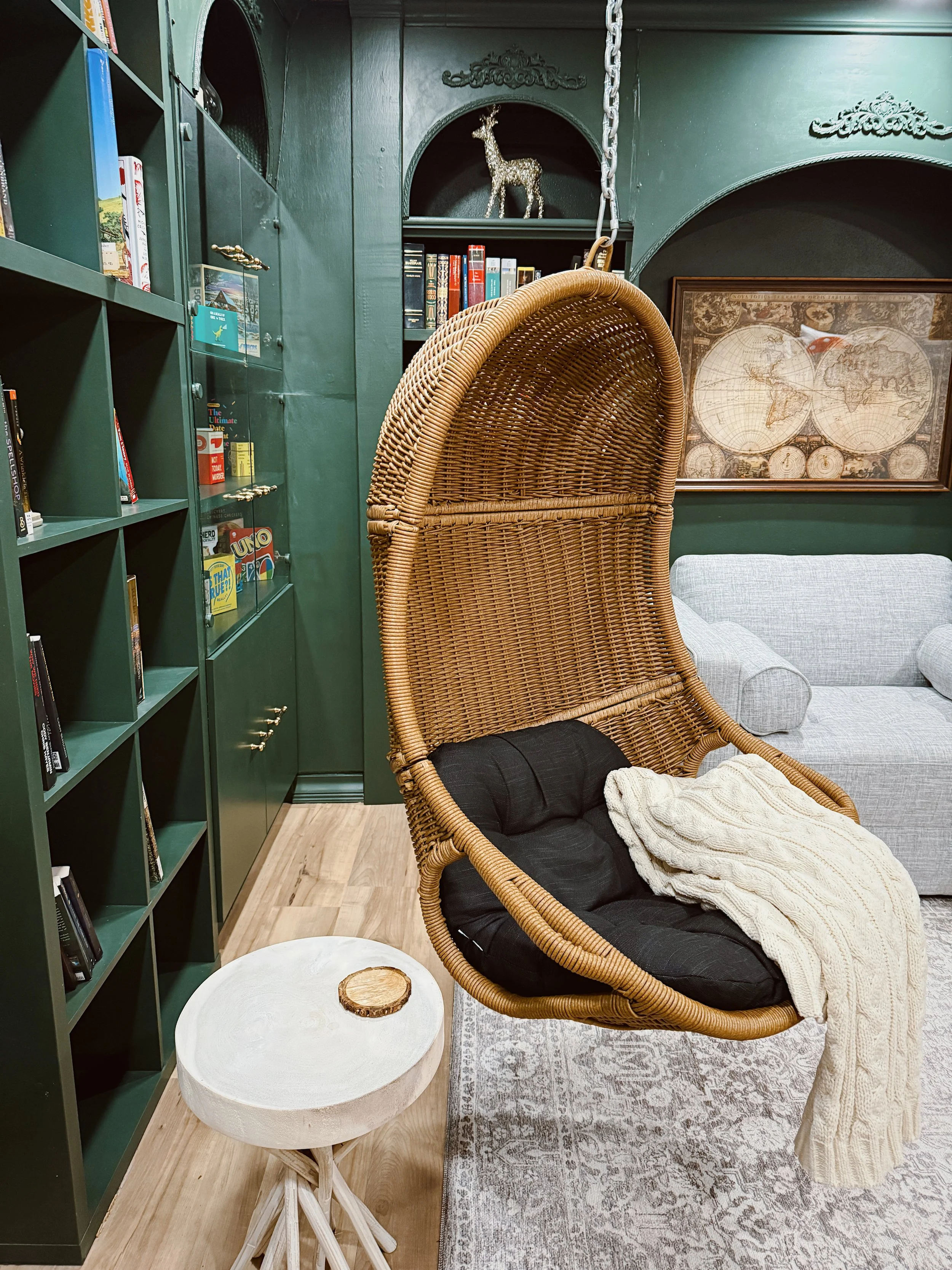 swing chair in vintage library