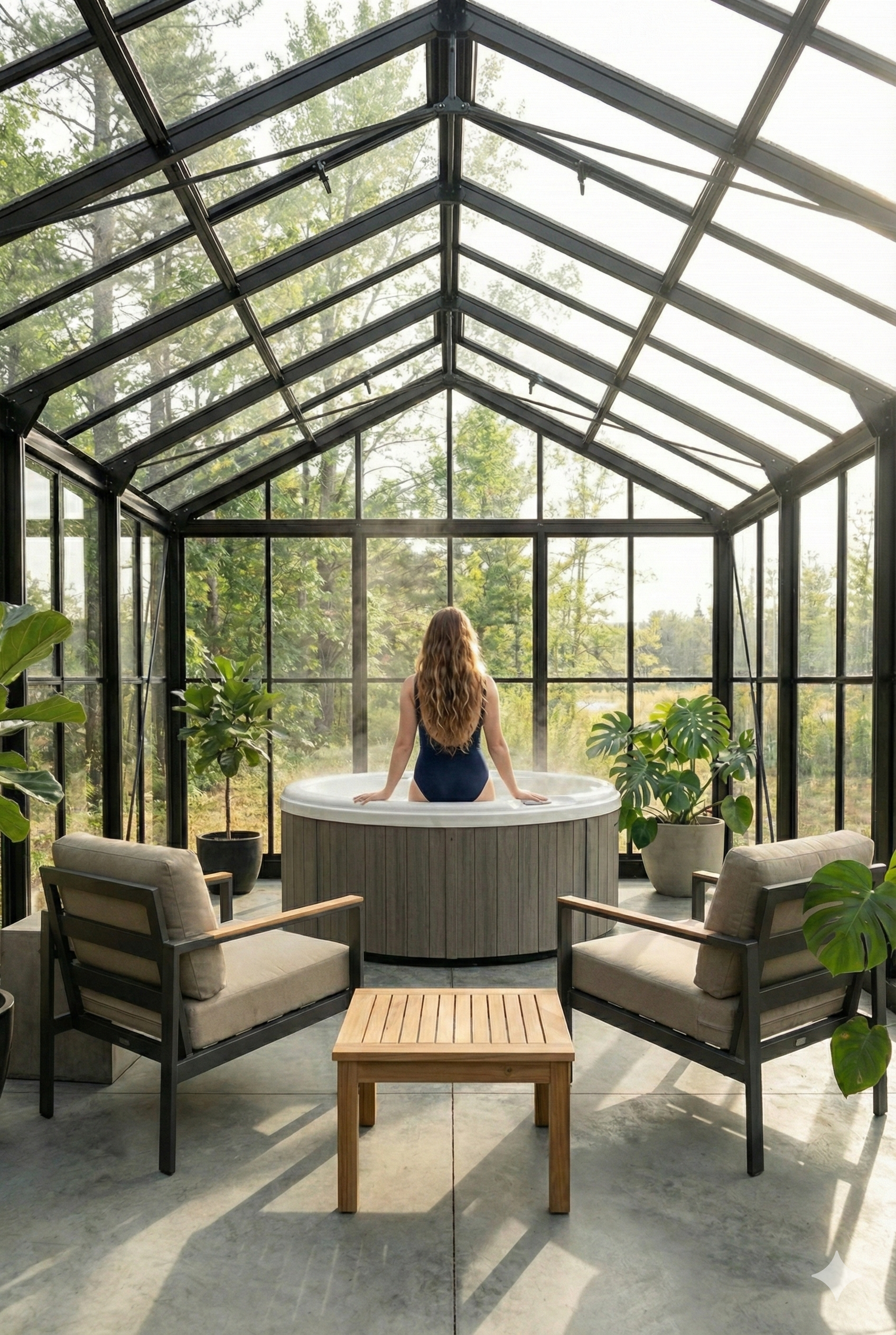 woman sitting in greenhouse hot tub with plants