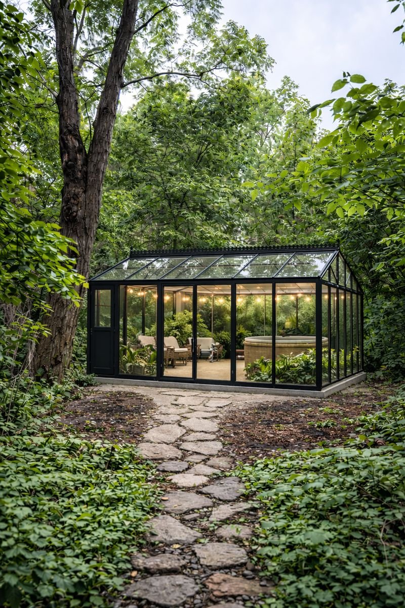 A glass greenhouse in a lush green forest with a stone pathway leading to it, illuminated with warm internal lighting.