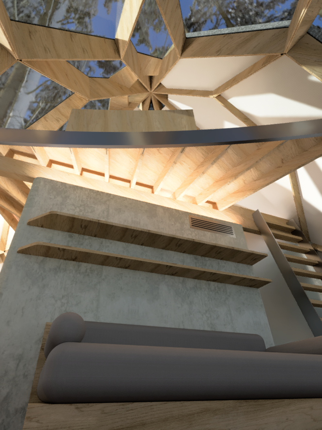 Interior view of a modern space with wooden hexagonal ceiling design, floating shelves on a textured wall, and a sofa at the bottom.