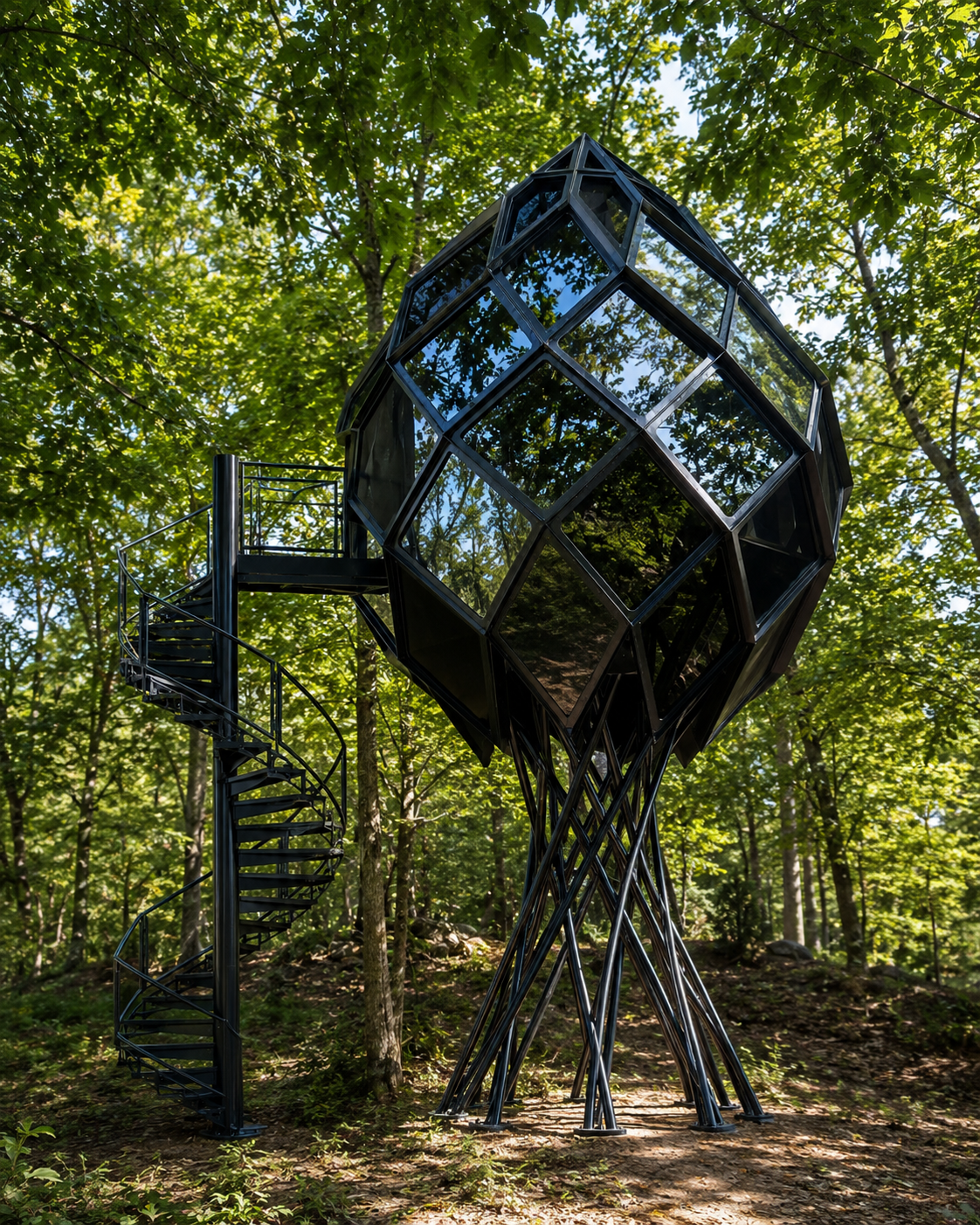 A modern art sculpture resembling a geometric glass orb mounted on twisted black metal legs, with a spiral staircase leading up to it, situated among green trees in a forest.