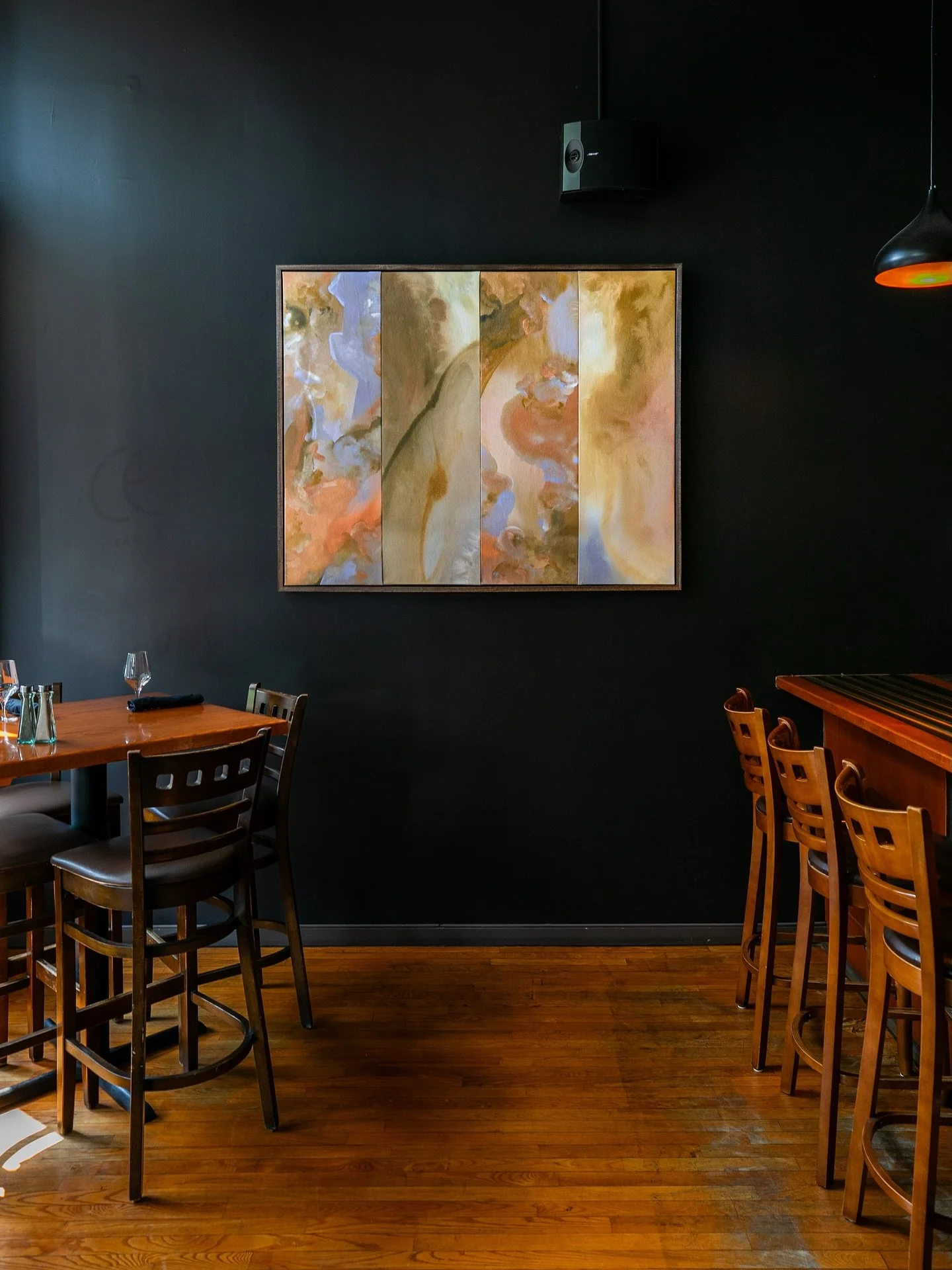 From start to finish, making this piece has been one of my favorites. Now it hangs on the wall in one of my favorite restaurants.

&ldquo;Rose Colored Glasses &rdquo; is now on display at @thecellarwinebar in Corning, NY. 

Rose Colored Glasses 
62x5