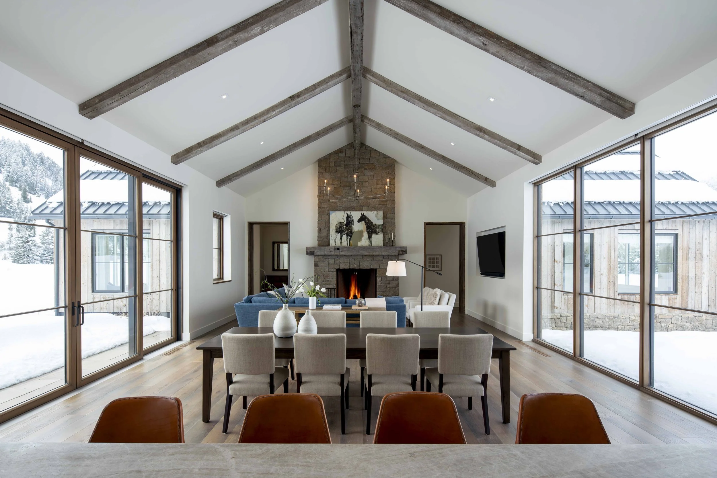Interior living room dining room custom luxury home construction project Ketchum Idaho