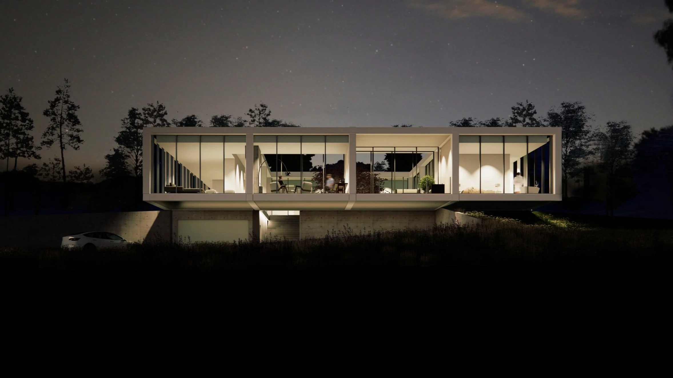 Modern house with large glass windows, illuminated from inside, elevated on a concrete foundation, with a car parked underneath, surrounded by trees at night.