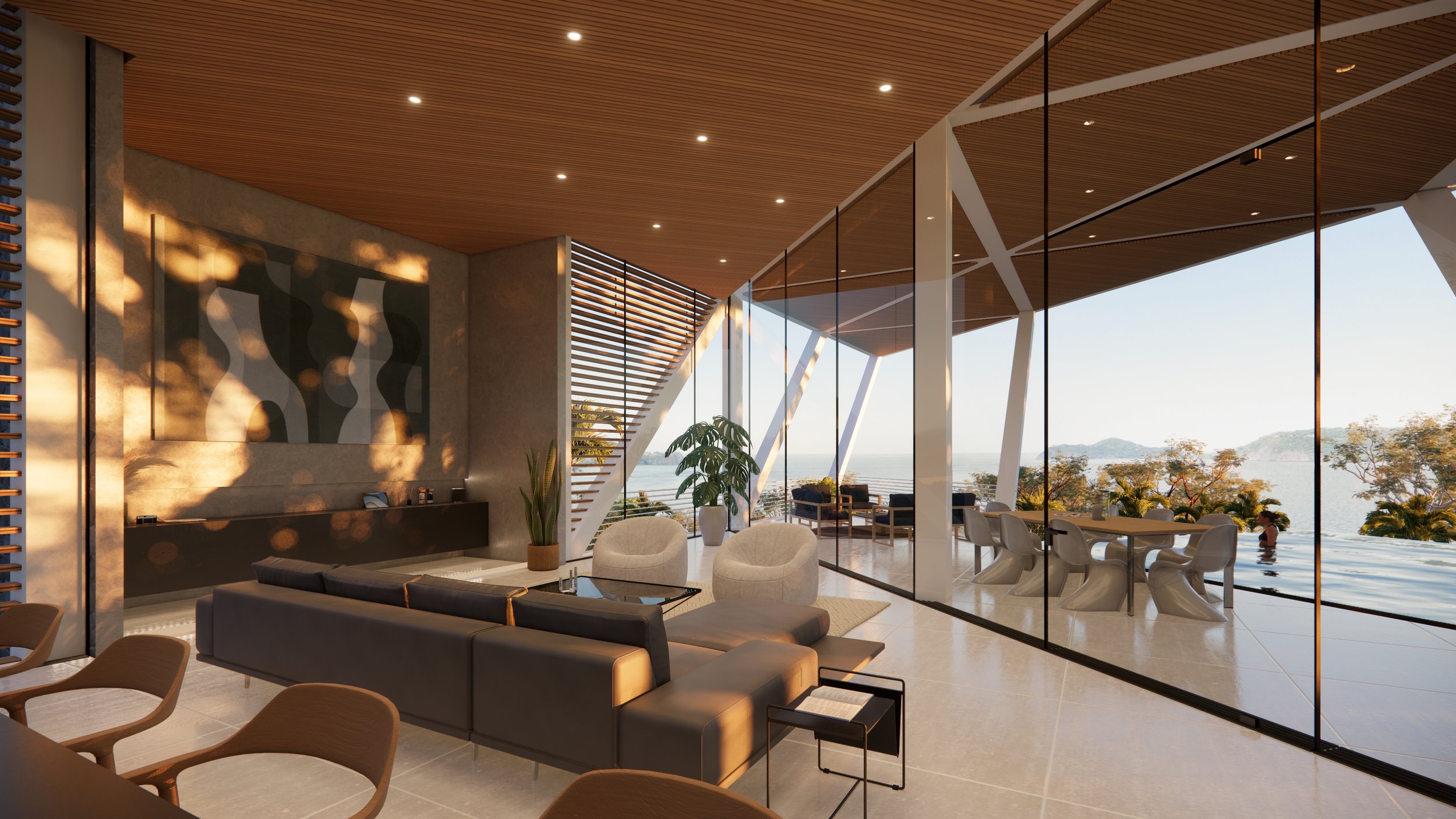 Incorporating open floor plans, large windows and extensive use of natural materials allowing for natural light, ventilation and expansive views of the ocean and nearby landscapes.