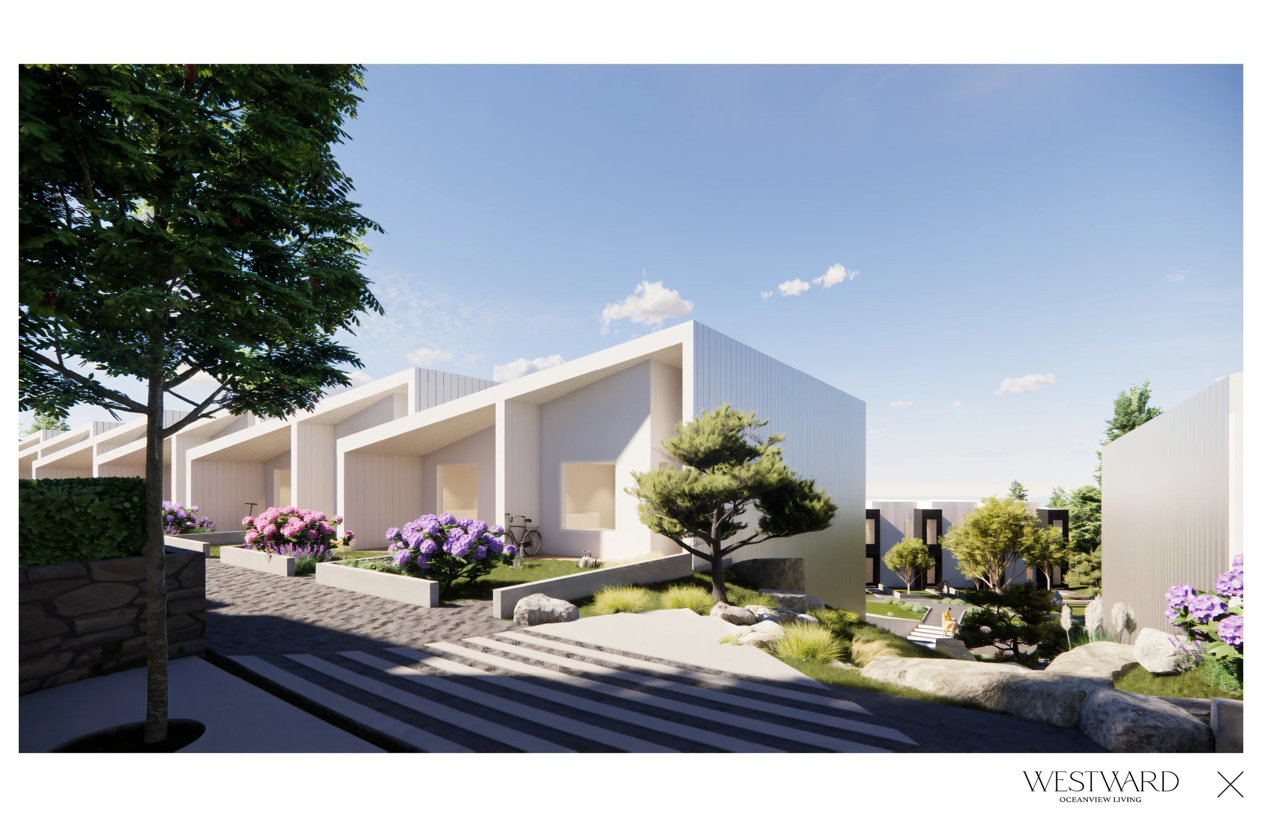 Westward Sechelt modern townhomes with vibrant landscaping, purple hydrangeas, and coastal-inspired design in the master planned oceanview community.