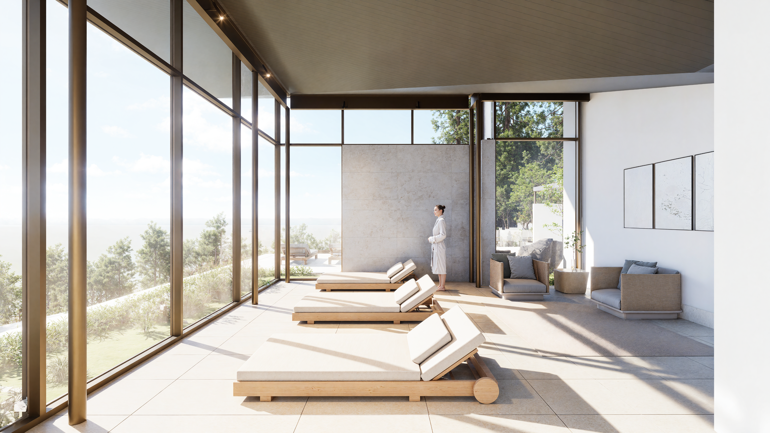Solarium lounge in the Wellness Centre Retreat designed by X Architecture. Bright sun-filled wellness space with wooden chaise lounges, floor-to-ceiling glass, and stunning natural views.