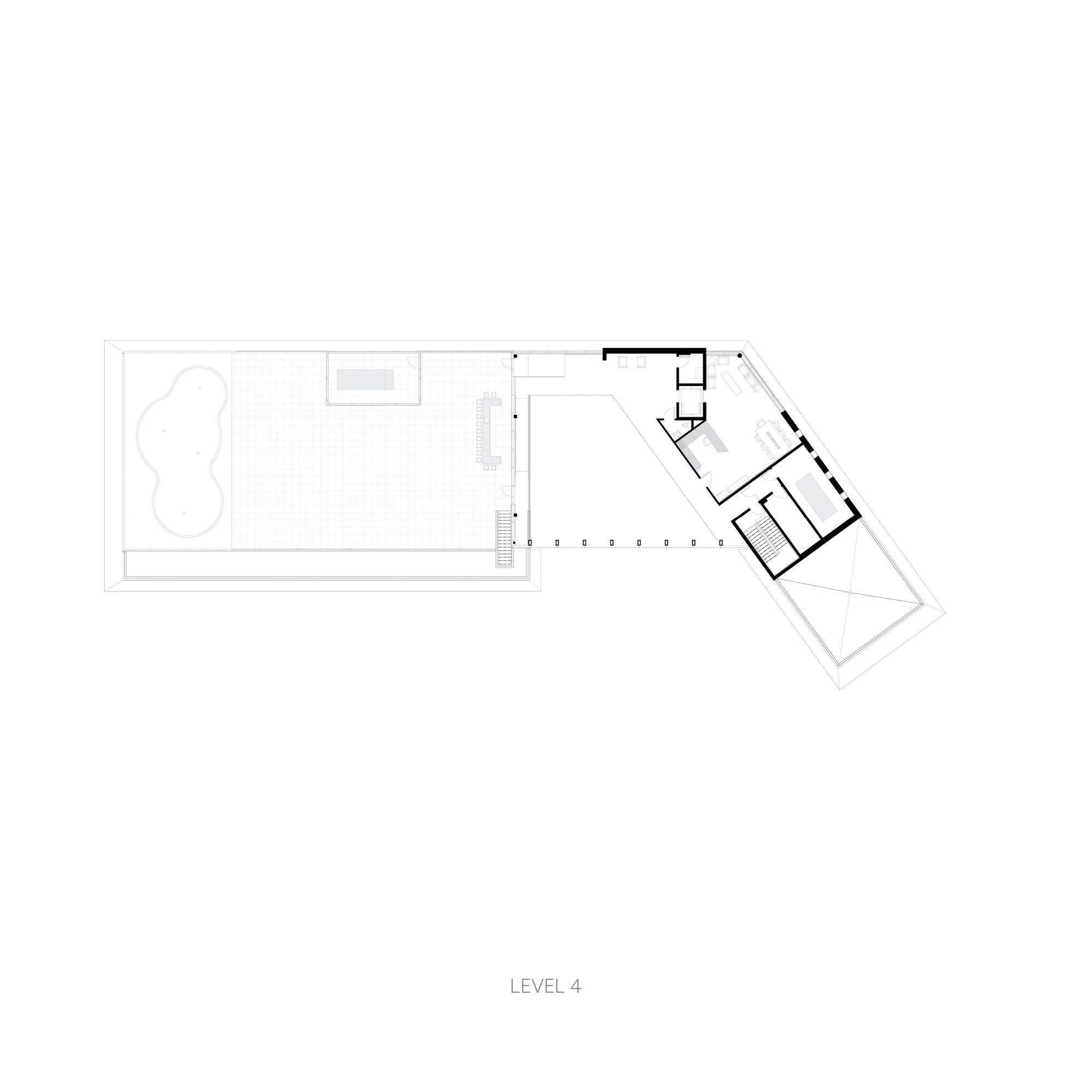 Architectural floor plan labeled 'Level 4' showing a large outdoor area with a pool, adjacent to an indoor space with multiple rooms and stairs.