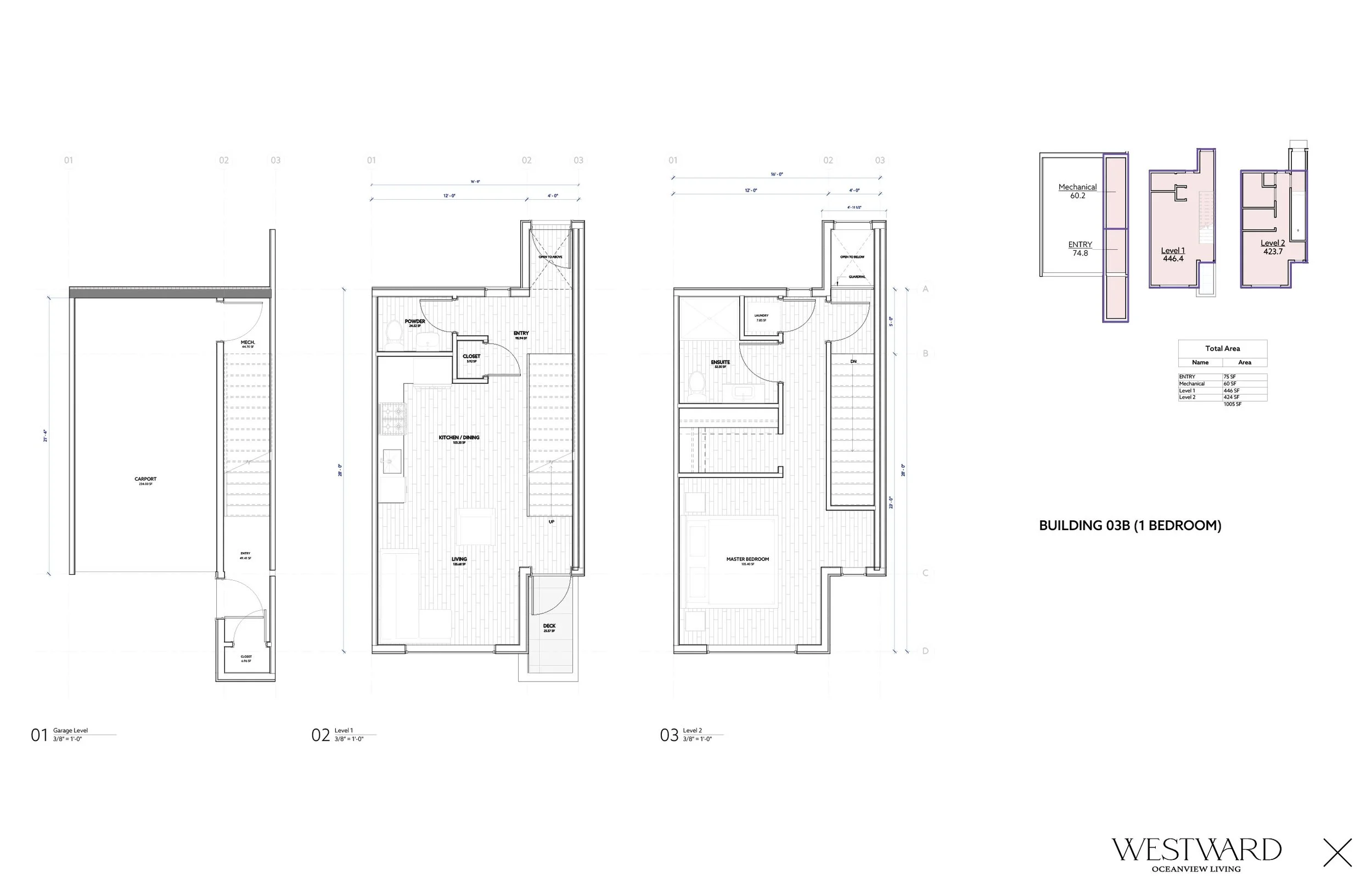 Westward Sechelt Building 03B 1-Bedroom floor plans featuring garage, open concept living and 1095 sq ft total area in the master planned community on the Sunshine Coast.