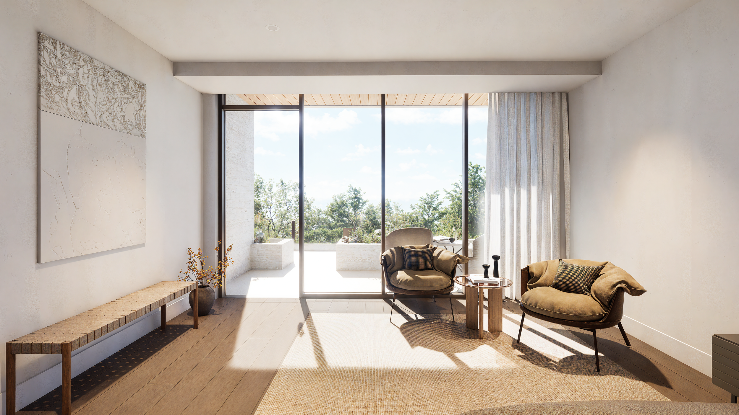 Guest room interior in Wellness Centre Retreat designed by X Architecture. Bright modern suite with floor-to-ceiling glass doors opening to private balcony and lush forest views.