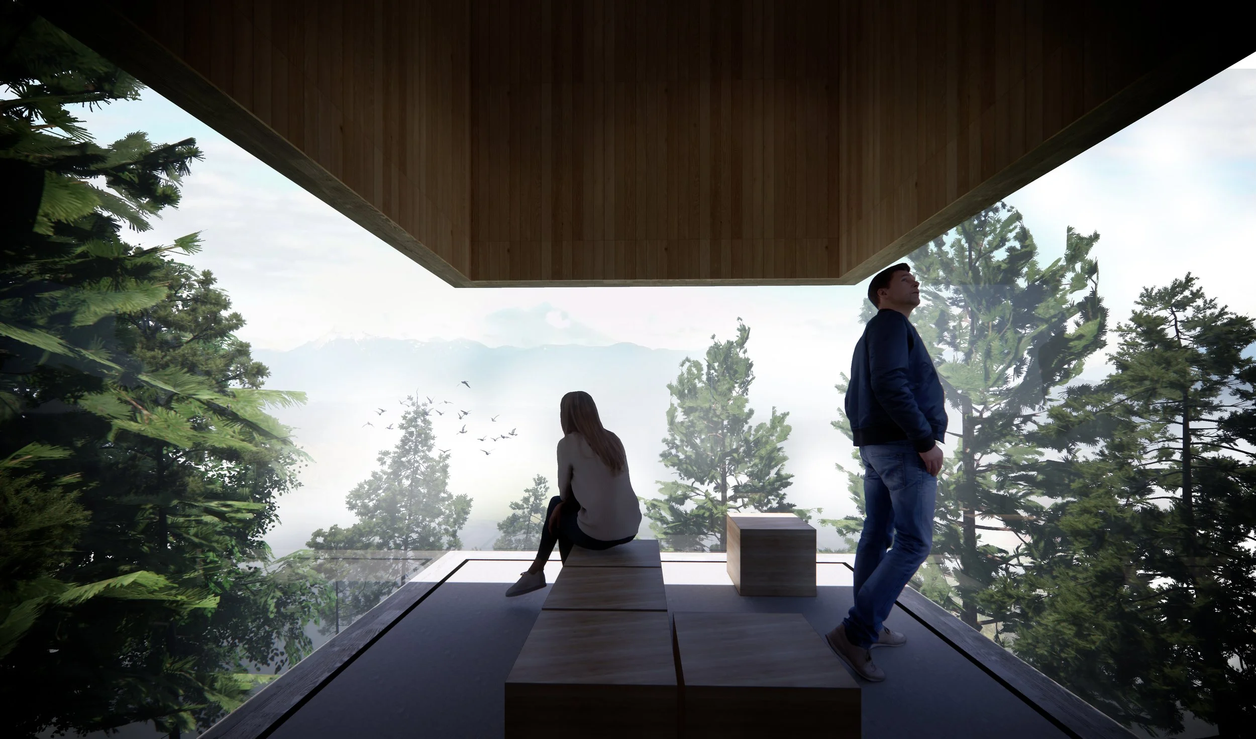 A woman sitting on a wooden bench and a man standing on a platform with a glass wall overlooking a forest and mountains, with trees and a cloudy sky visible outside.